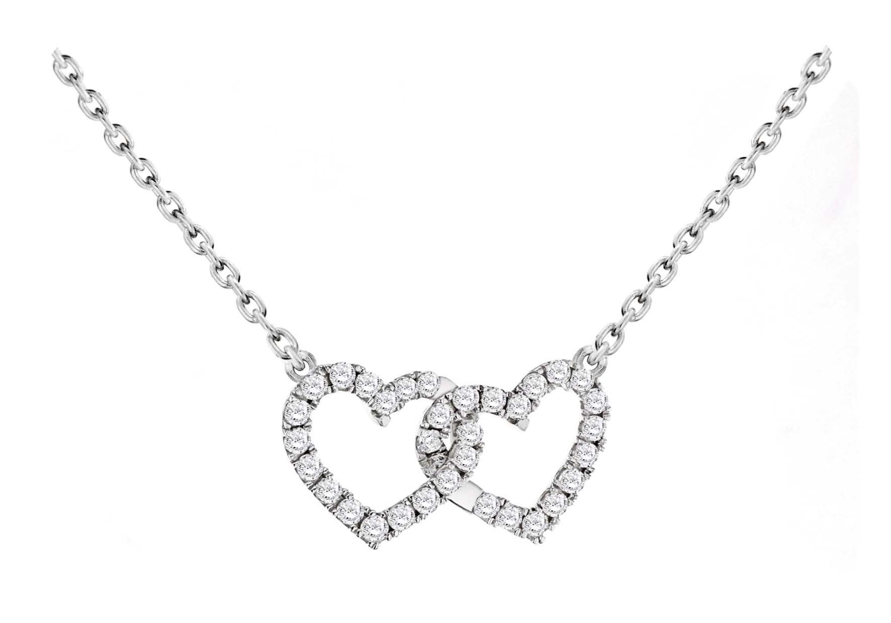 Sterling Silver Rhodium Plated Zirconia 19mm x 10mm Double-Heart Adjustable Necklet 39.5m/15.5"-42m/16.5"9
