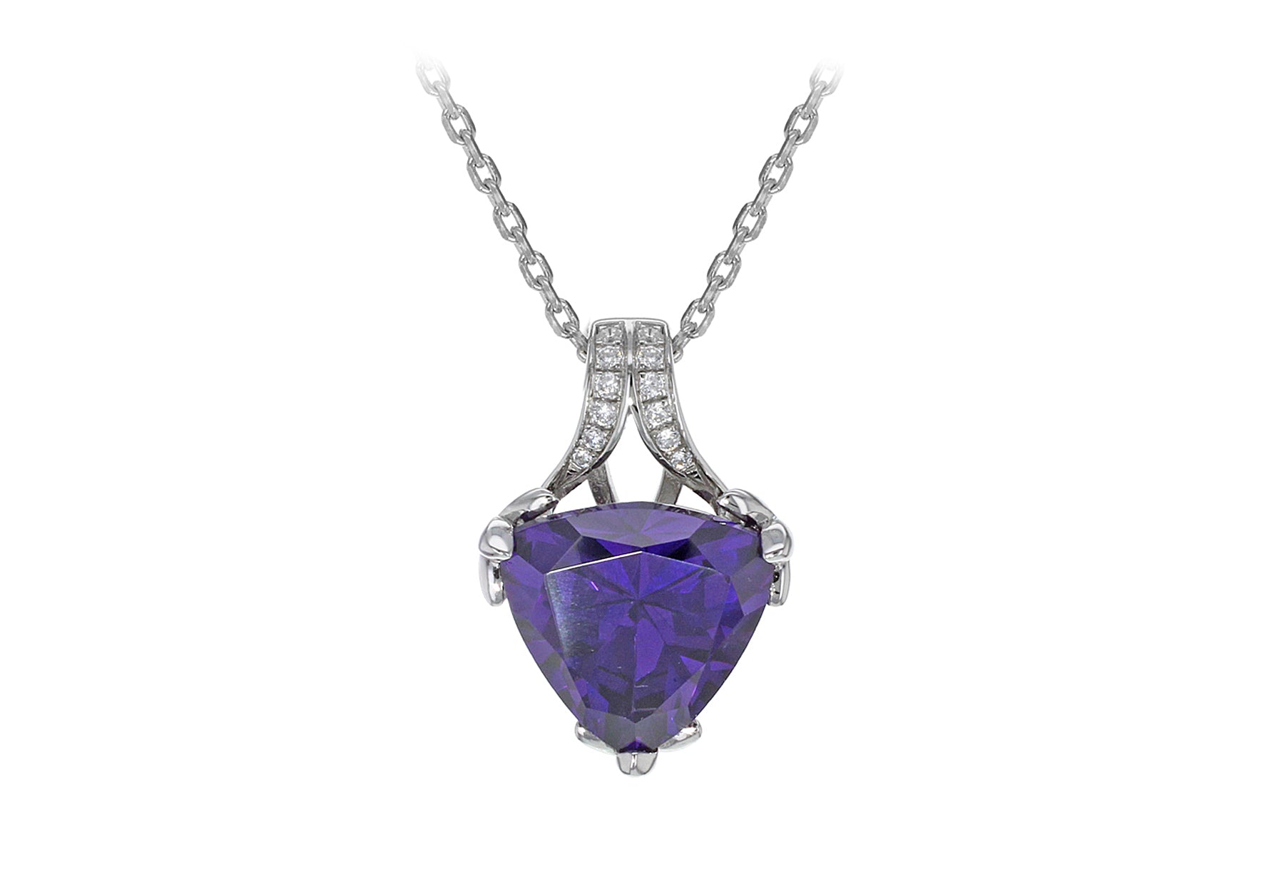Sterling Silver Rhodium Plated White and Heart Shaped Purple Zirconia 14mm x 21mm Pendant on Adjustable Chain Necklace 39m/15.5"-42m/16.5''9