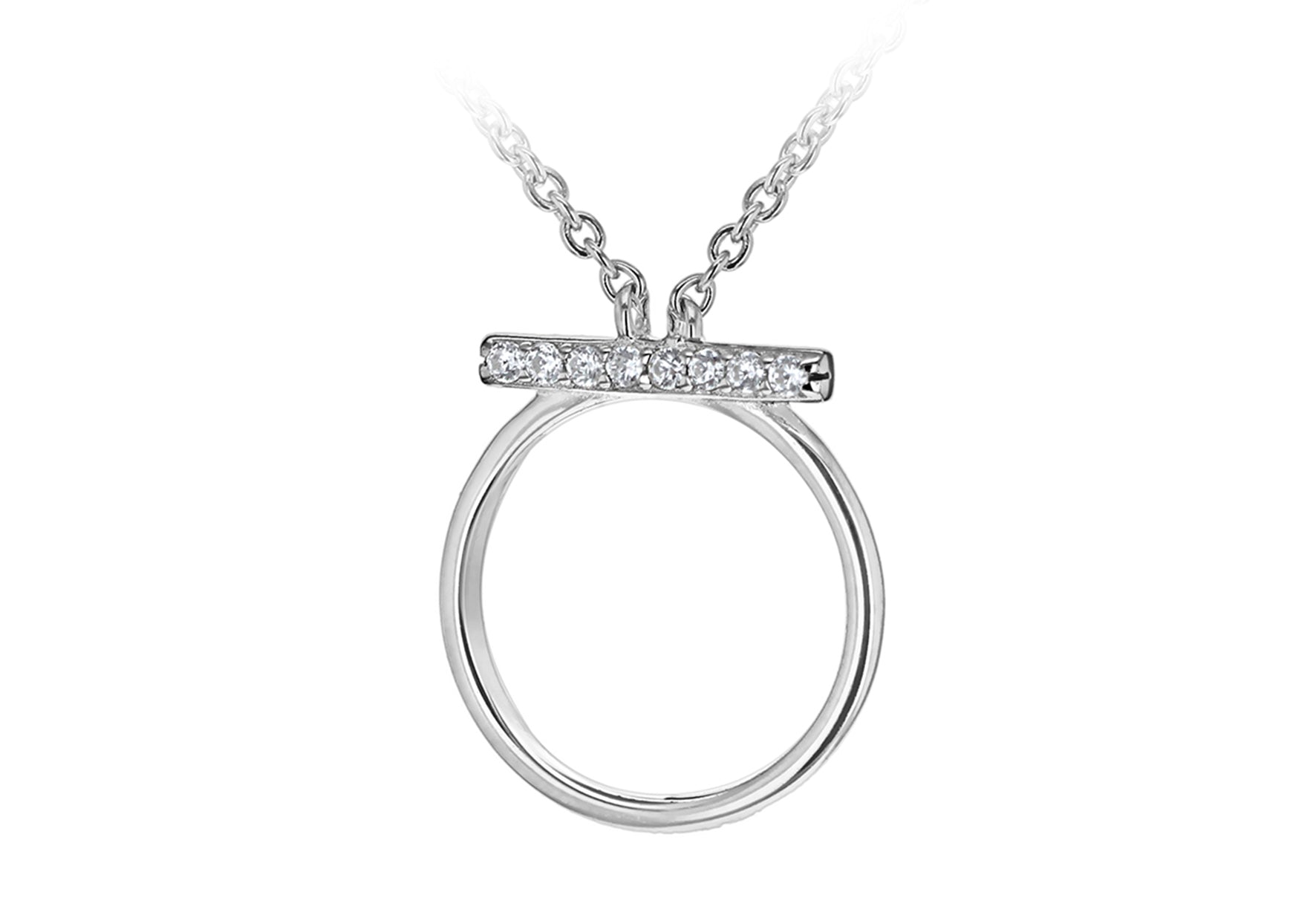 Sterling Silver Rhodium Plated Zirconia 15mm x 17.6mm Circle & Bar Adjustable Necklace 39m/15.5"-44.5m/17.5"9