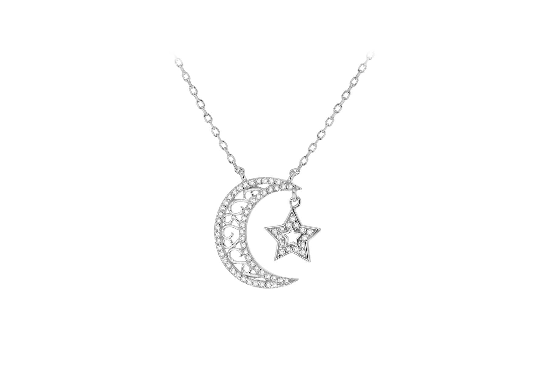 Sterling Silver Rhodium Plated Zirconia 19mm x 20.5mm Moon & Star Adjustable Necklace 43m/17"-46m/18"9