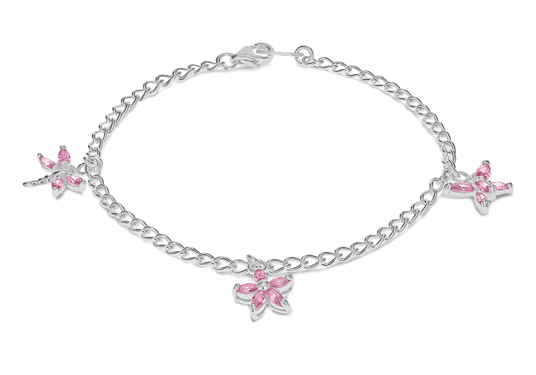 Sterling Silver Three Pink Zirconia  Charm Bracelet