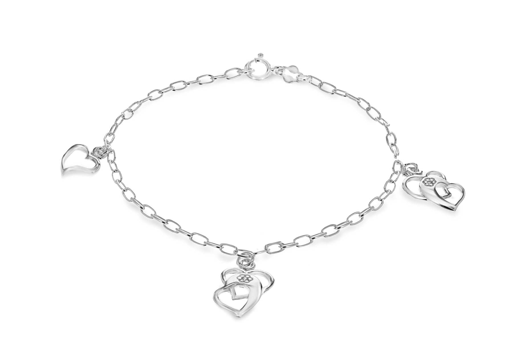 Sterling Silver Rhodium Plated Zirconia Multi Heart Bracelet 19m/7.5"9