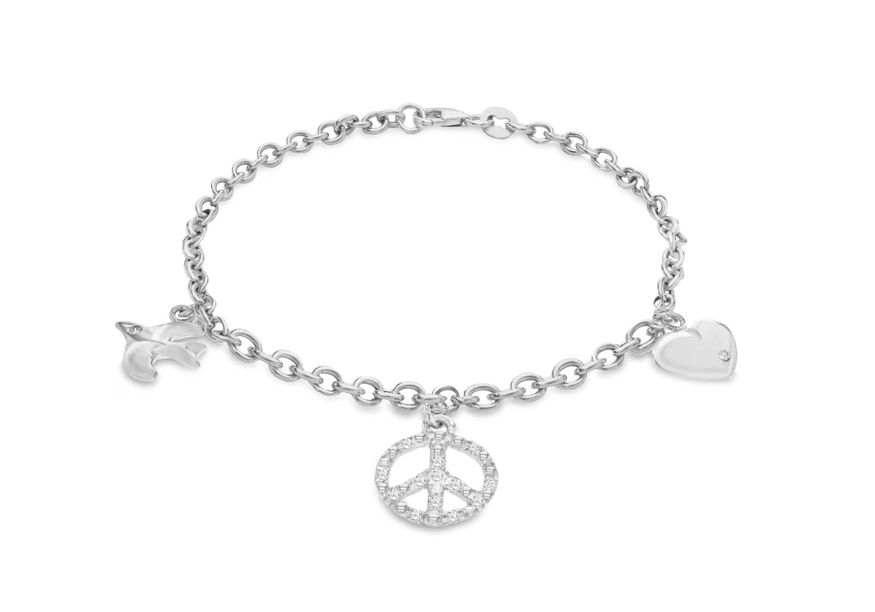 Sterling Silver Rhodium Plated Zirconia Heart Peace Sign Dove Charm Bracelet
