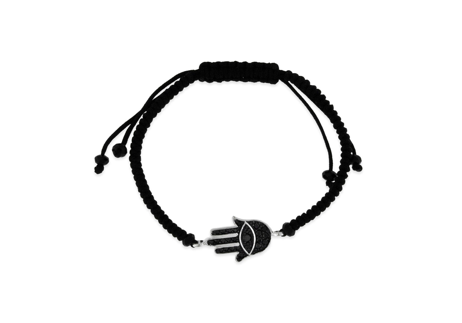 Sterling Silver Black Zirconia Hamsa Hand on Black otton Adjustable Bracelet