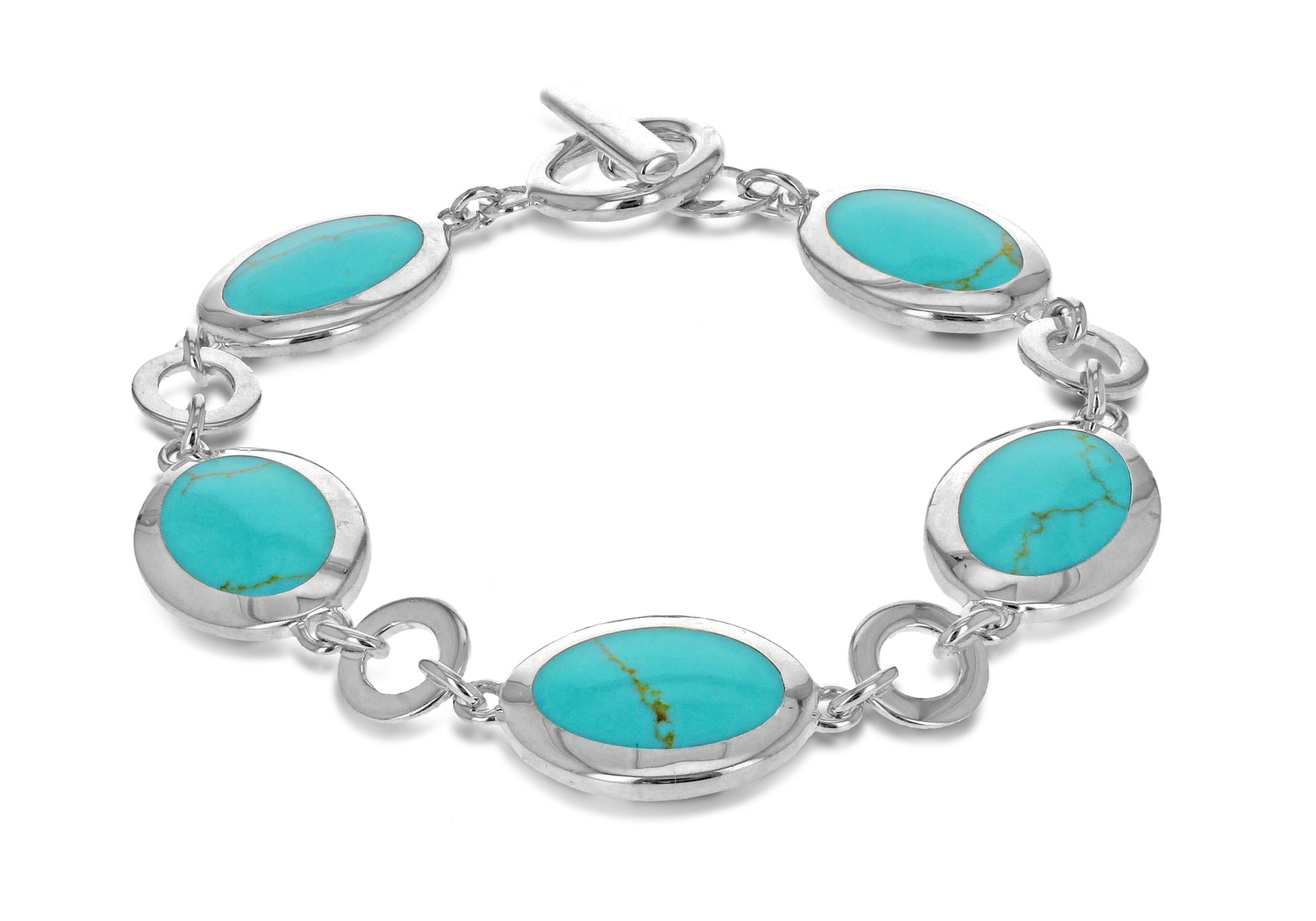 Sterling Silver and Turquoise Oval Link Bracelet 19m/7.5"9