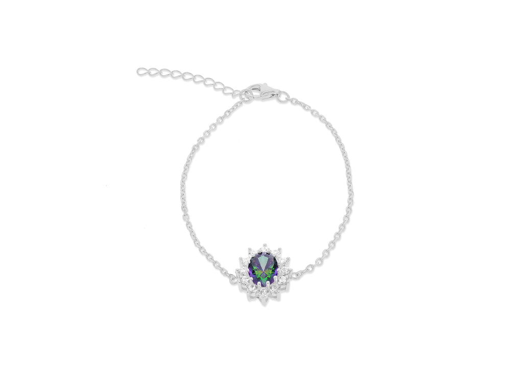 Sterling Silver Mystic Oval & White Zirconia Flower Bracelet