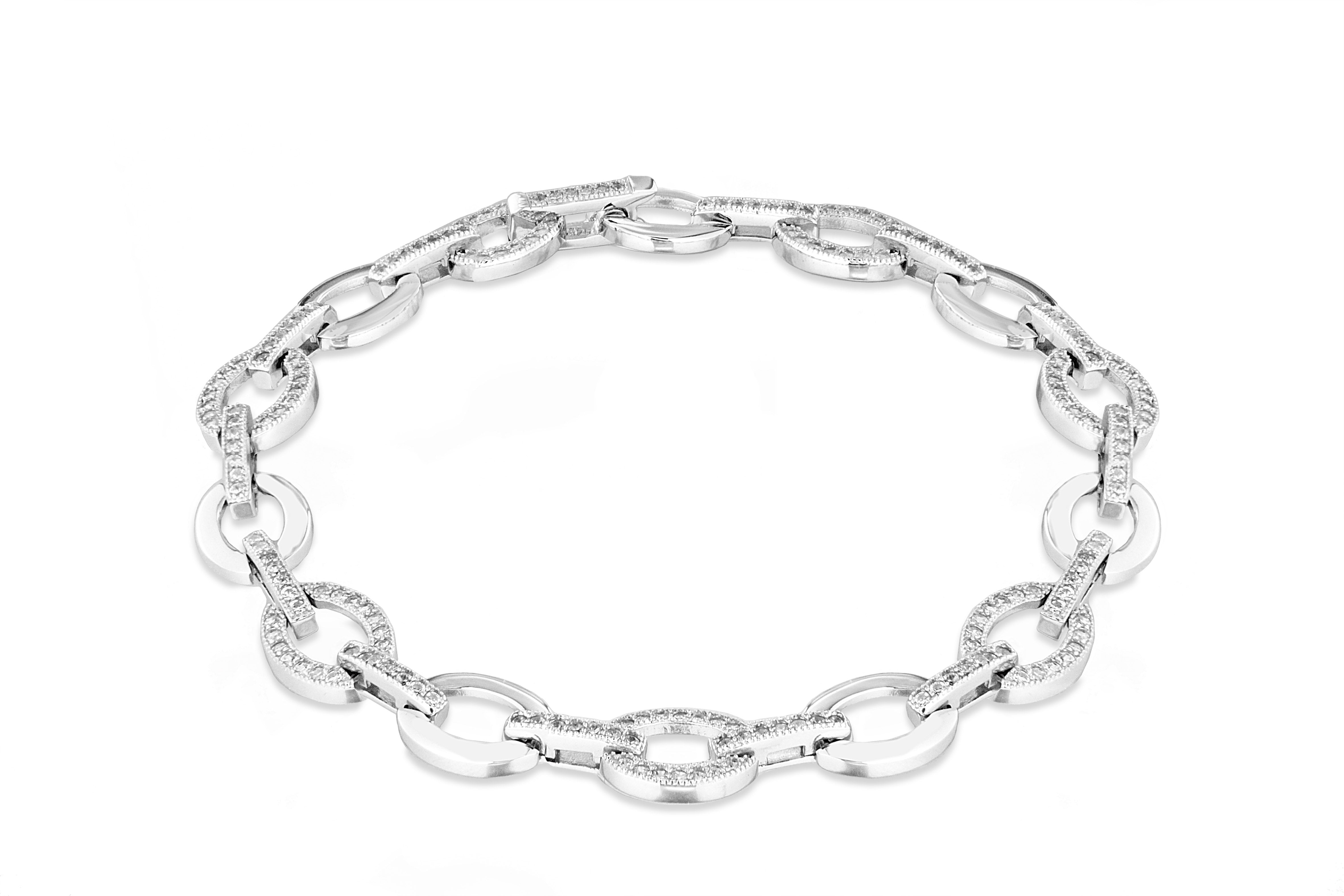 Sterling Silver Rhodium Plated Zirconia Oval and Bar Bracelet 19m/7.5"9