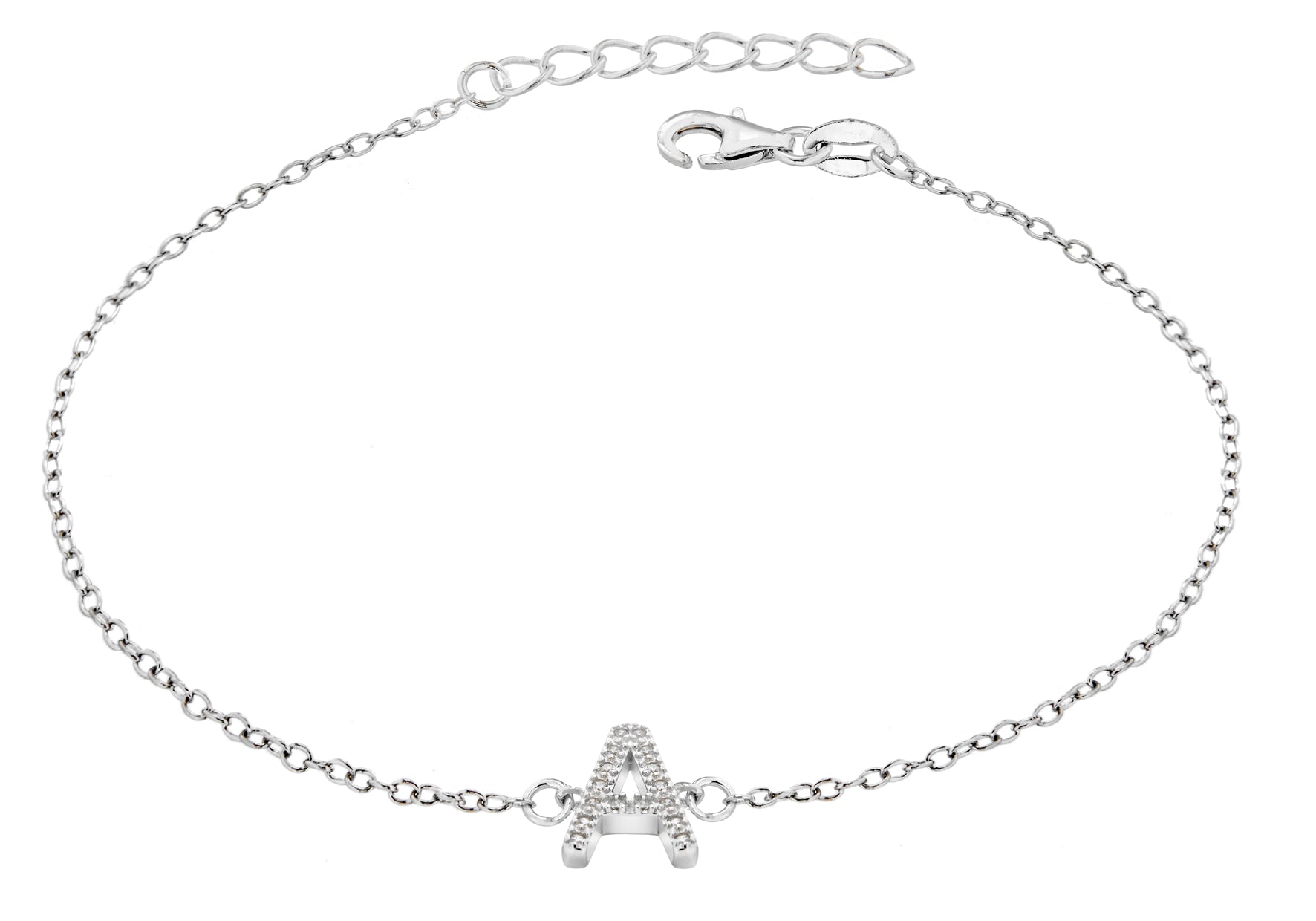 Sterling Silver Rhodium Plated Zirconia 'A' Initial Bracelet 19m/7.5"9