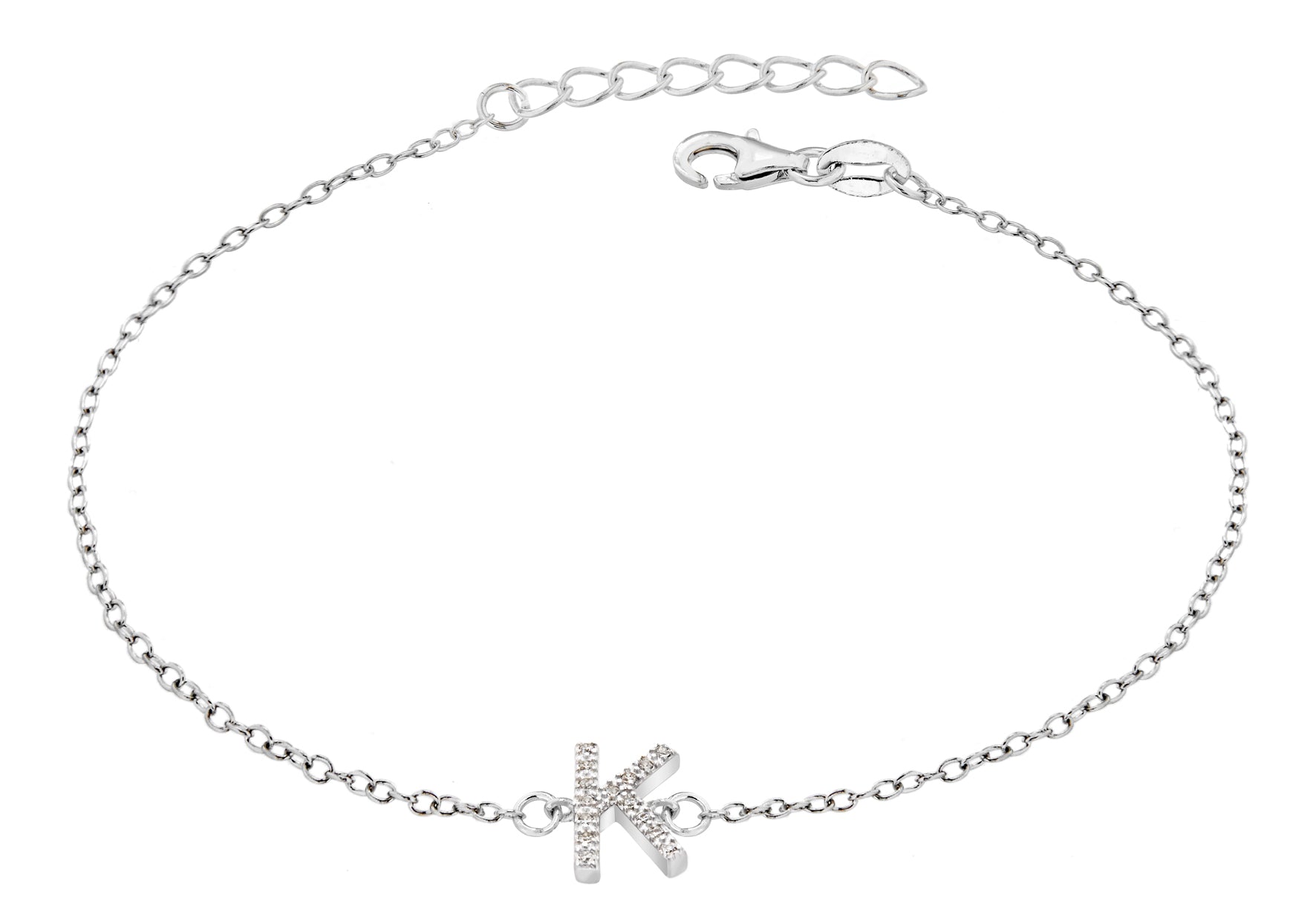 Sterling Silver Rhodium Plated Zirconia 'K' Initial Bracelet 19m/7.5"9
