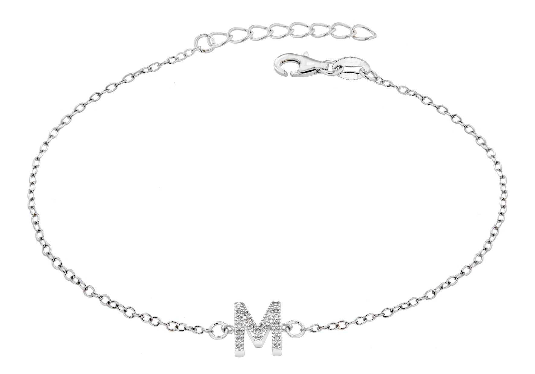 Sterling Silver Rhodium Plated Zirconia 'M' Initial Bracelet 19m/7.5"9