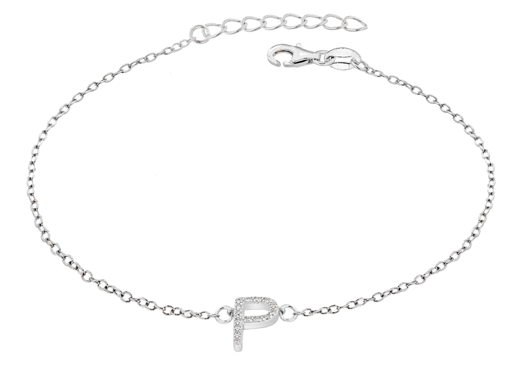 Sterling Silver Rhodium Plated Zirconia 'P' Initial Bracelet 19m/7.5"9