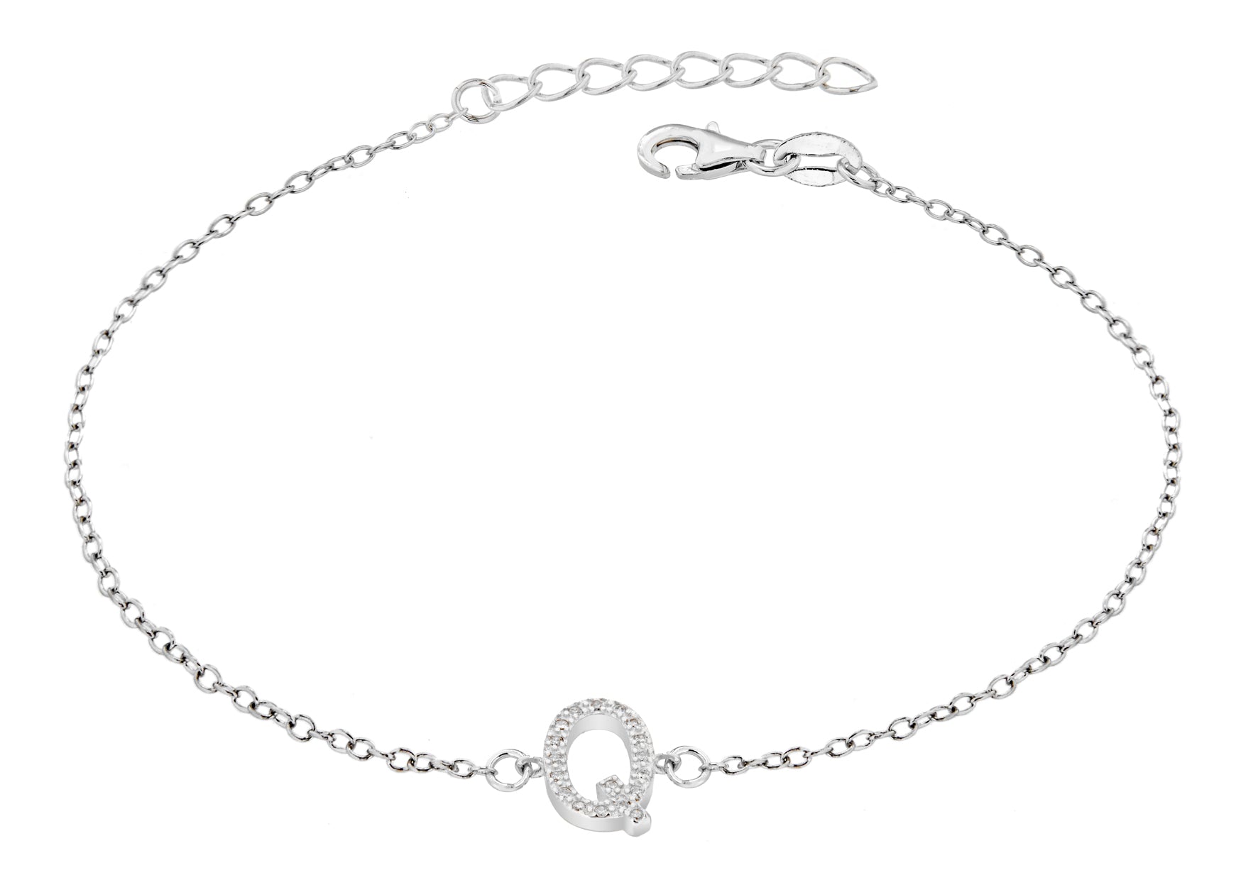 Sterling Silver Rhodium Plated Zirconia 'Q' Initial Bracelet 19m/7.5"9