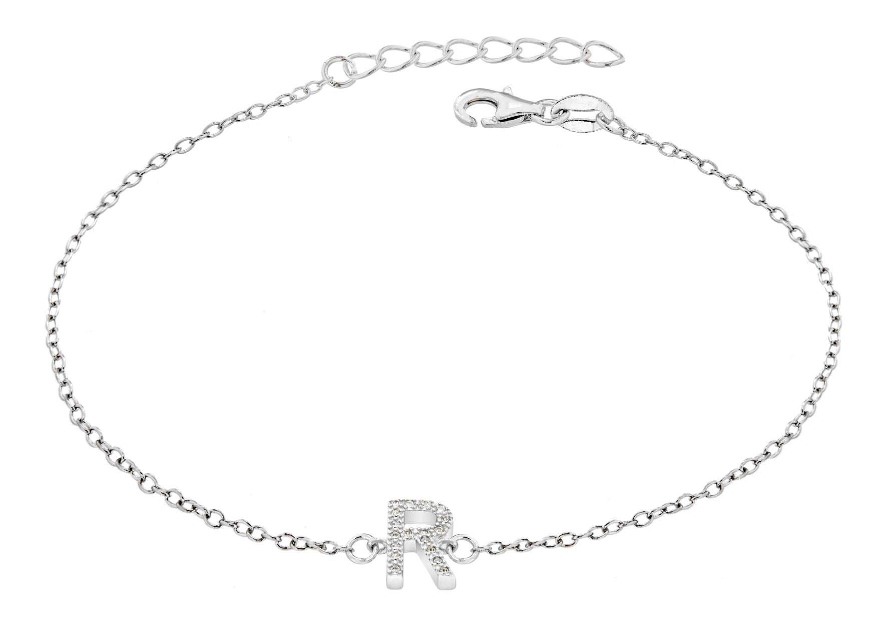 Sterling Silver Rhodium Plated Zirconia 'R' Initial Bracelet 19m/7.5"9