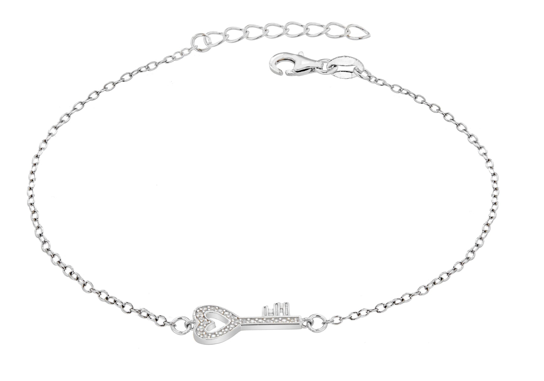 Sterling Silver Rhodium Plated Zirconia Key Adjustable Bracelet 16.5m/6.5"-19m/7.5"9