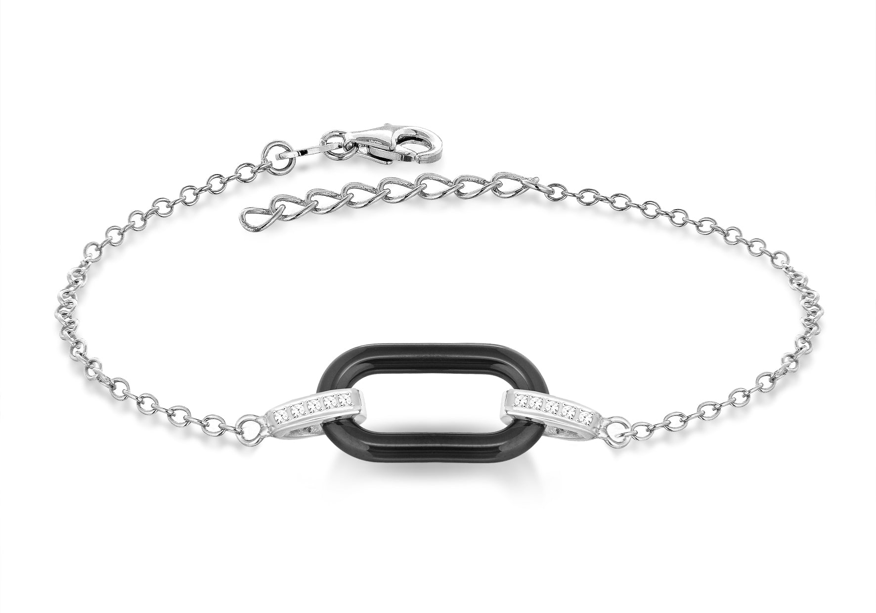 Sterling Silver Rhodium Plated Single Black Ceramic and Zirconia Link Adjustable Bracelet 15.25m/6" - 18m/7"9