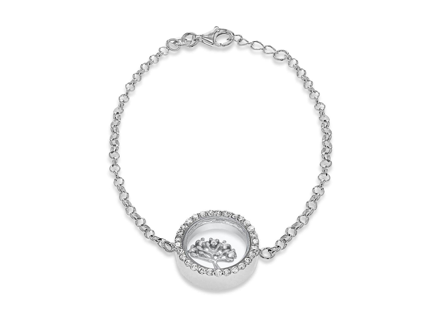 Sterling Silver Rhodium Plated Zirconia Floating 'Tree of Life' Adjustable Bracelet 17m/6.5" - 18m/7"9