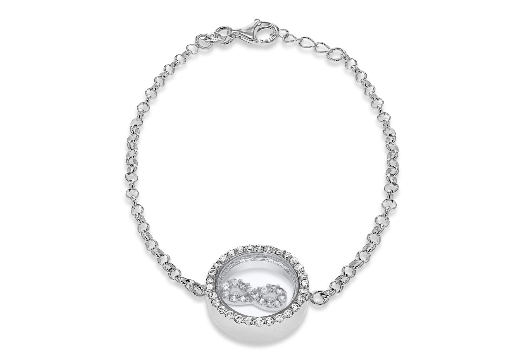 Sterling Silver Rhodium Plated Zirconia Floating Infinity Adjustable Bracelet 17m/6.5" - 18m/7"9