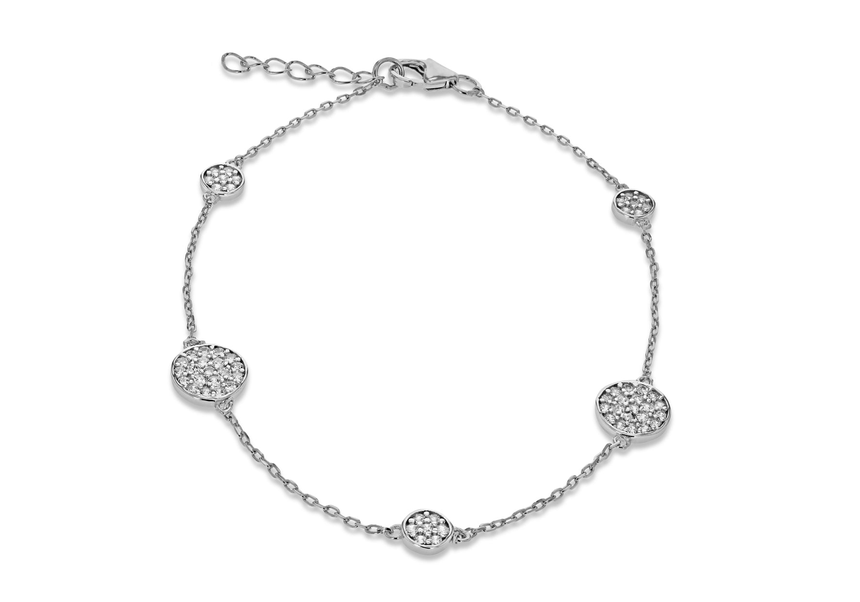 Sterling Silver Rhodium Plated Five Zirconia Disc Adjustable Bracelet 19m/7.5" - 21.5m/8.5"9