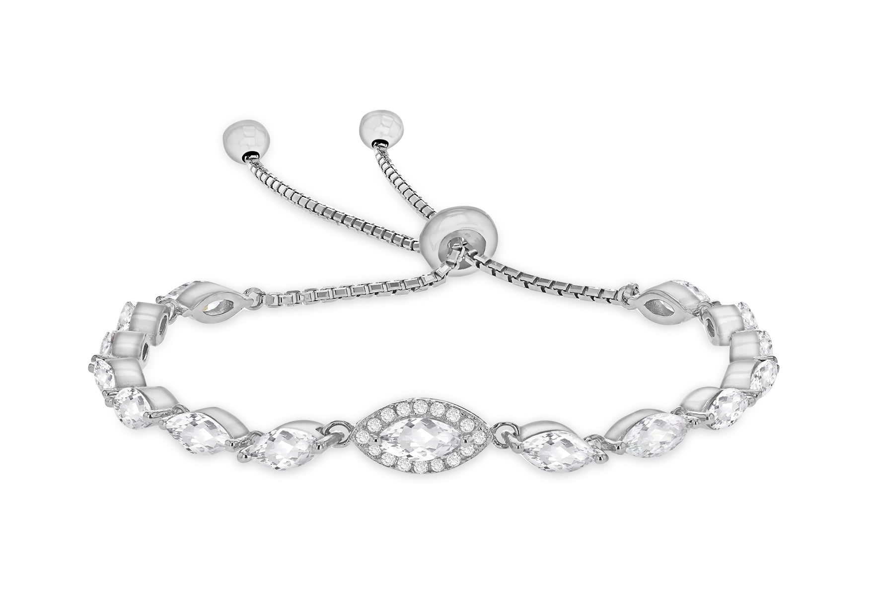 Sterling Silver Rhodium Plated Marquise Zirconia Adjustable Box Chain Slider Bracelet
