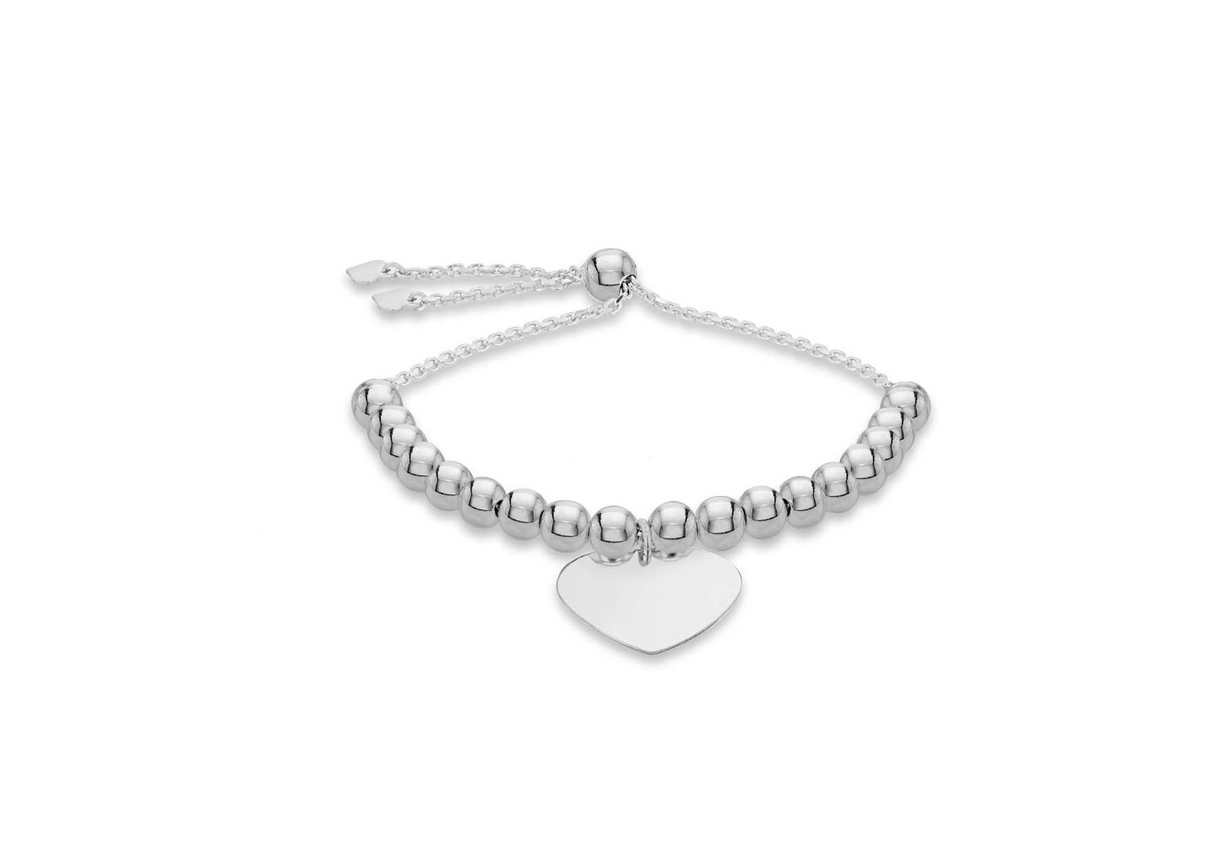 Sterling Silver Beaded Heart Adjustable Slider Bracelet