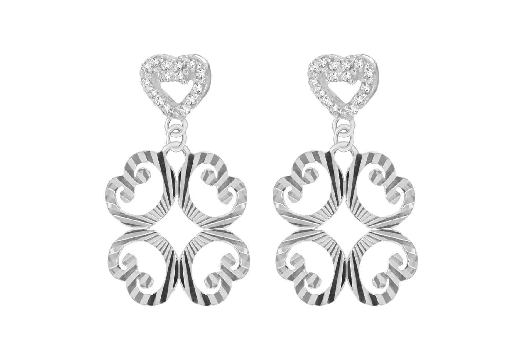 Sterling Silver Diamond Cut Zirconia Heart Flower Drop Earrings
