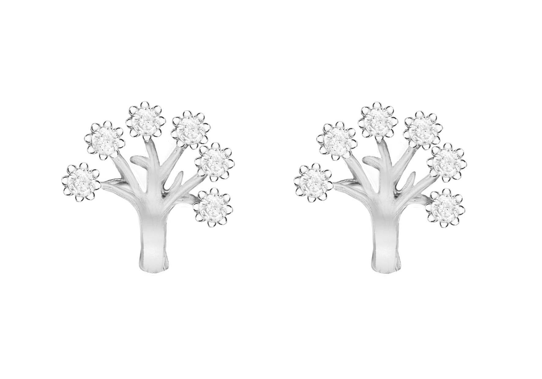 Silver Rhodium Plated Zirconia 9.5mm x 10mm 'Tree of Life' Stud Earrings