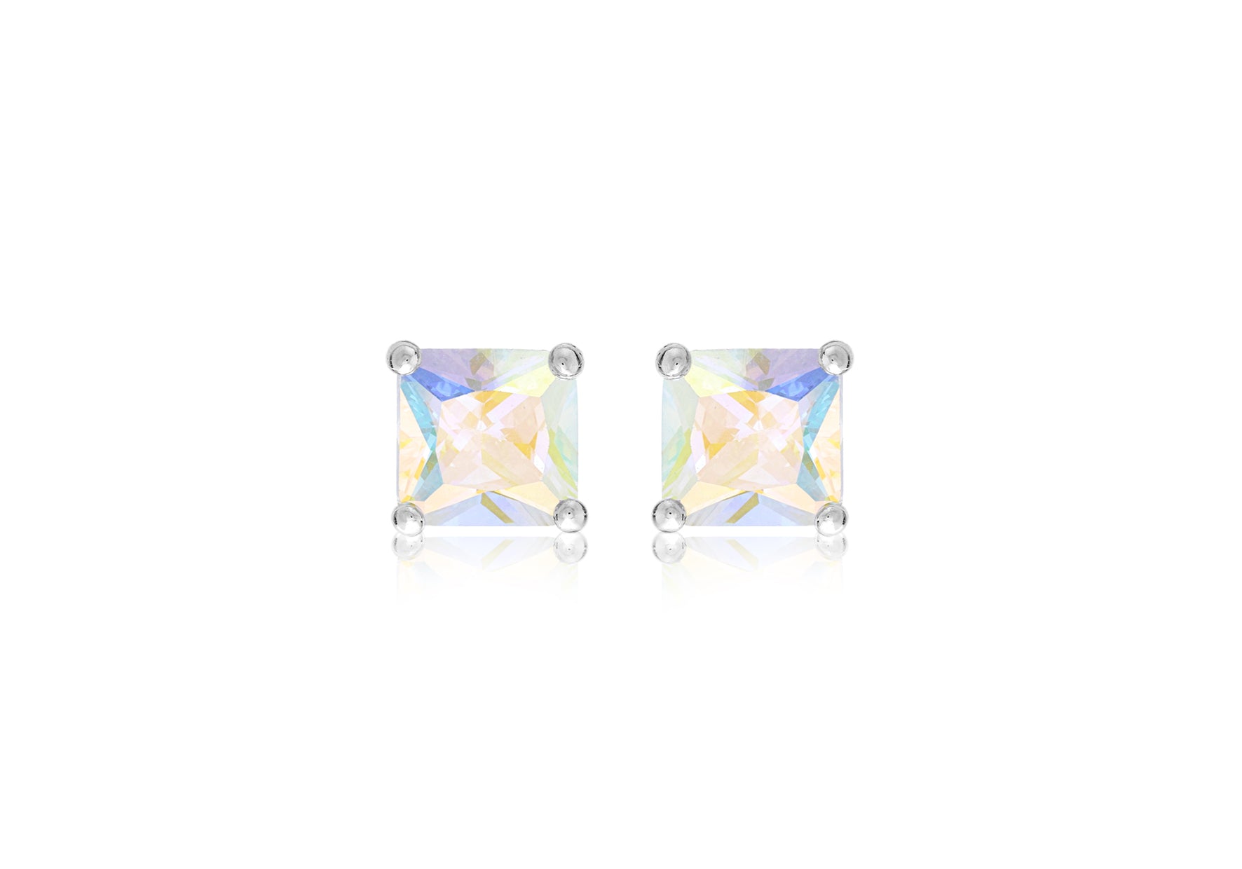 Sterling Silver 8mm x 8mm Square Aurora Borealis Zirconia Stud Earrings