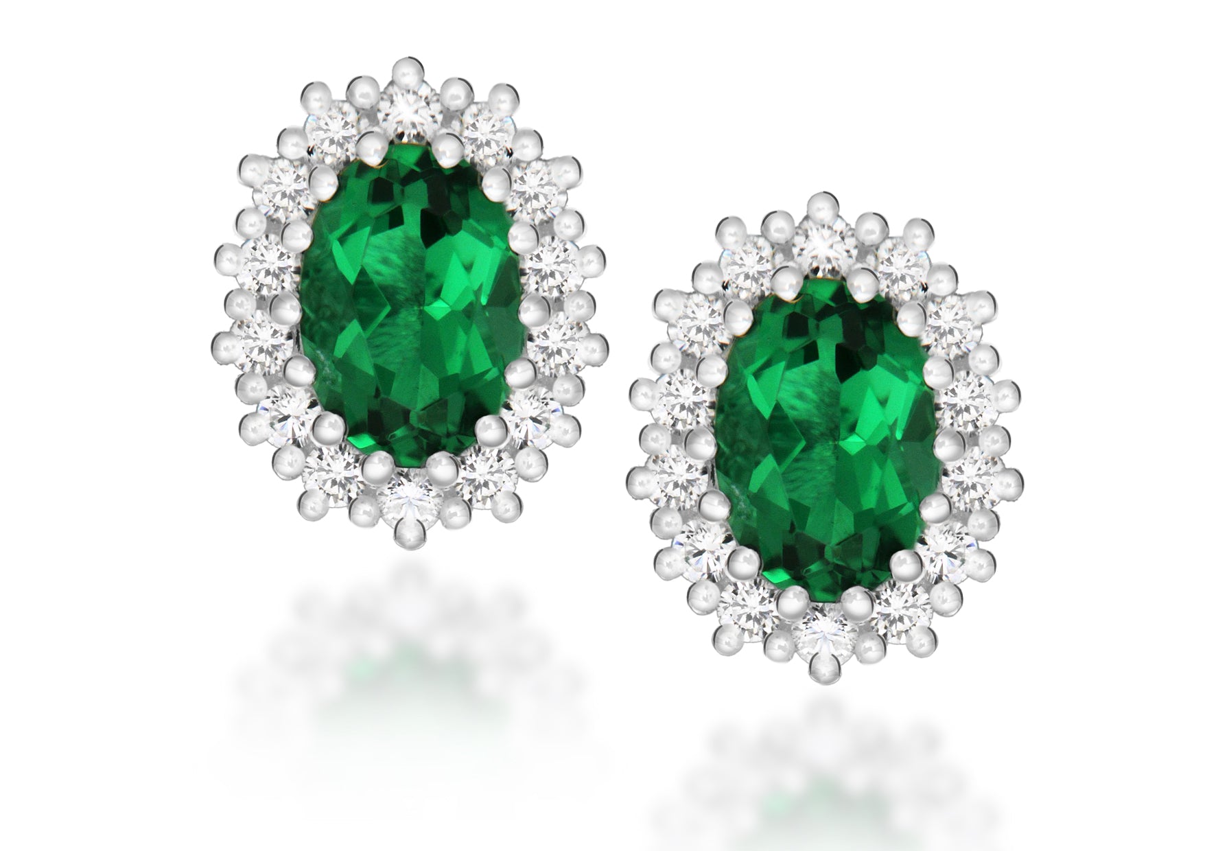 Sterling Silver White Zirconia and Green Crystal Cluster Oval Stud Earrings