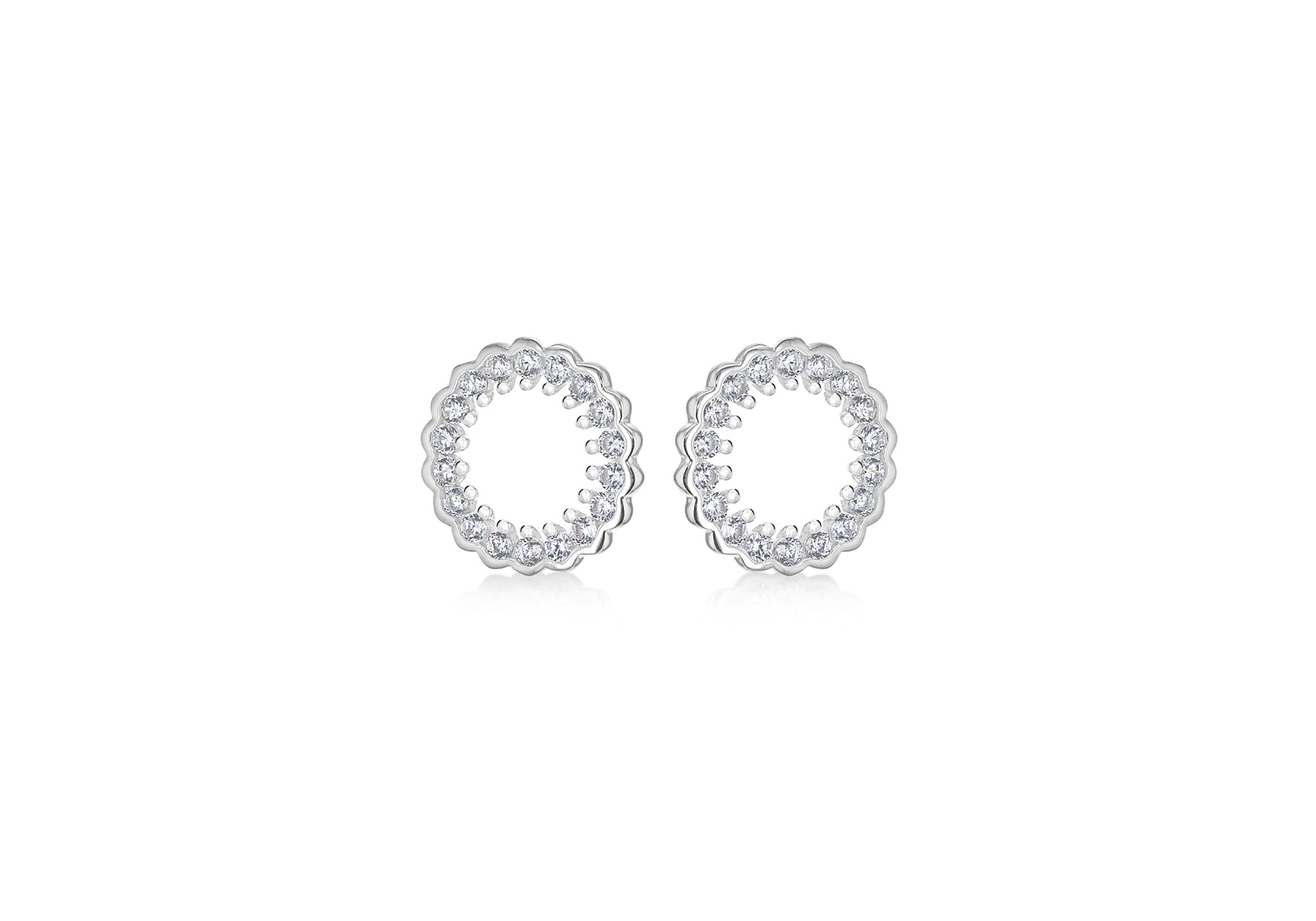Sterling Silver Rhodium Plated Zirconia Claw and Rubover 11mm Circle Stud Earrings