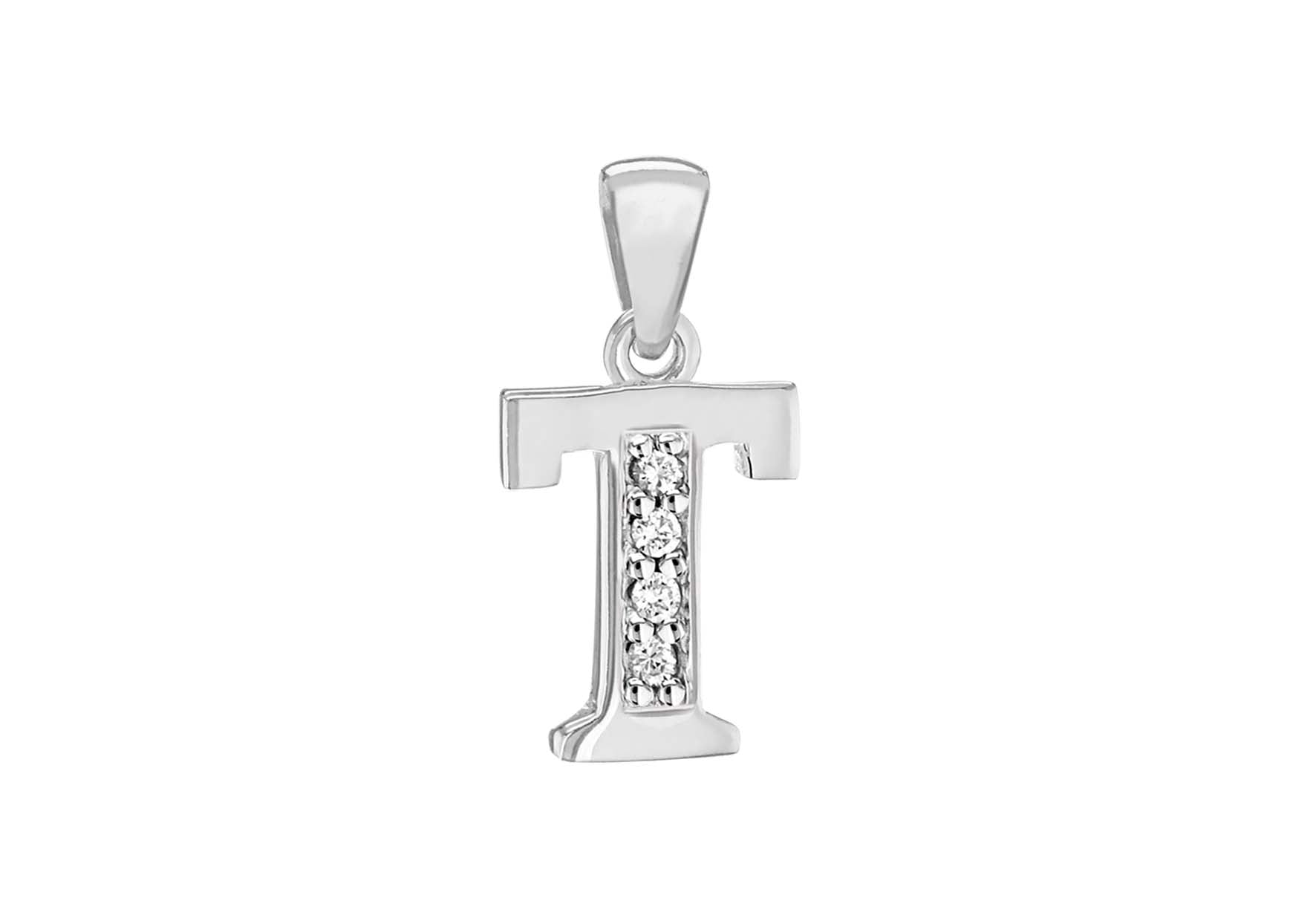 Sterling Silver Zirconia 8.2mm x 17.9mm 'T' Initial Pendant
