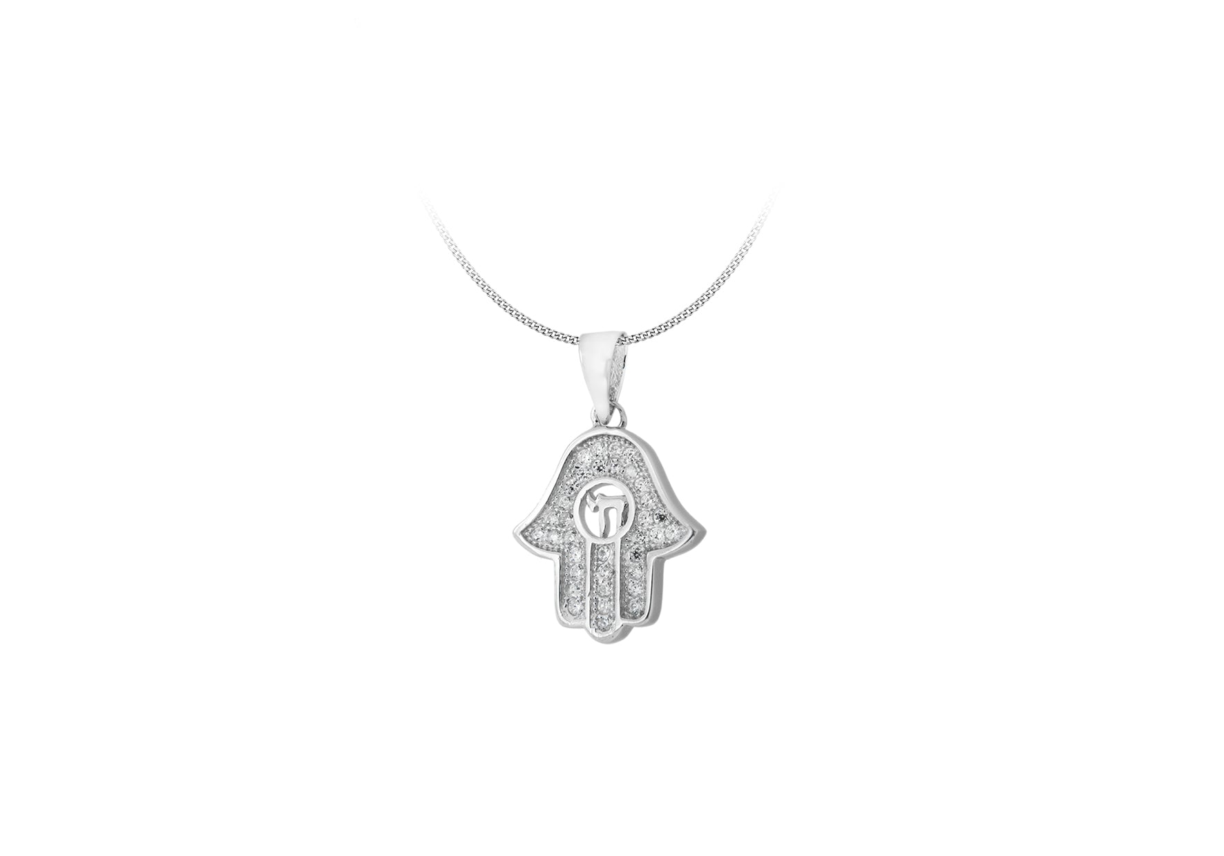 Sterling Silver Rhodium Plated Zirconia Hamsa Hand Pendant