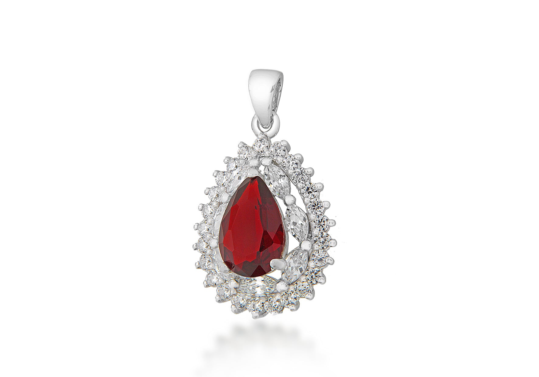 Sterling Silver Red & White Zirconia Stone Set Cluster Teardrop Pendant