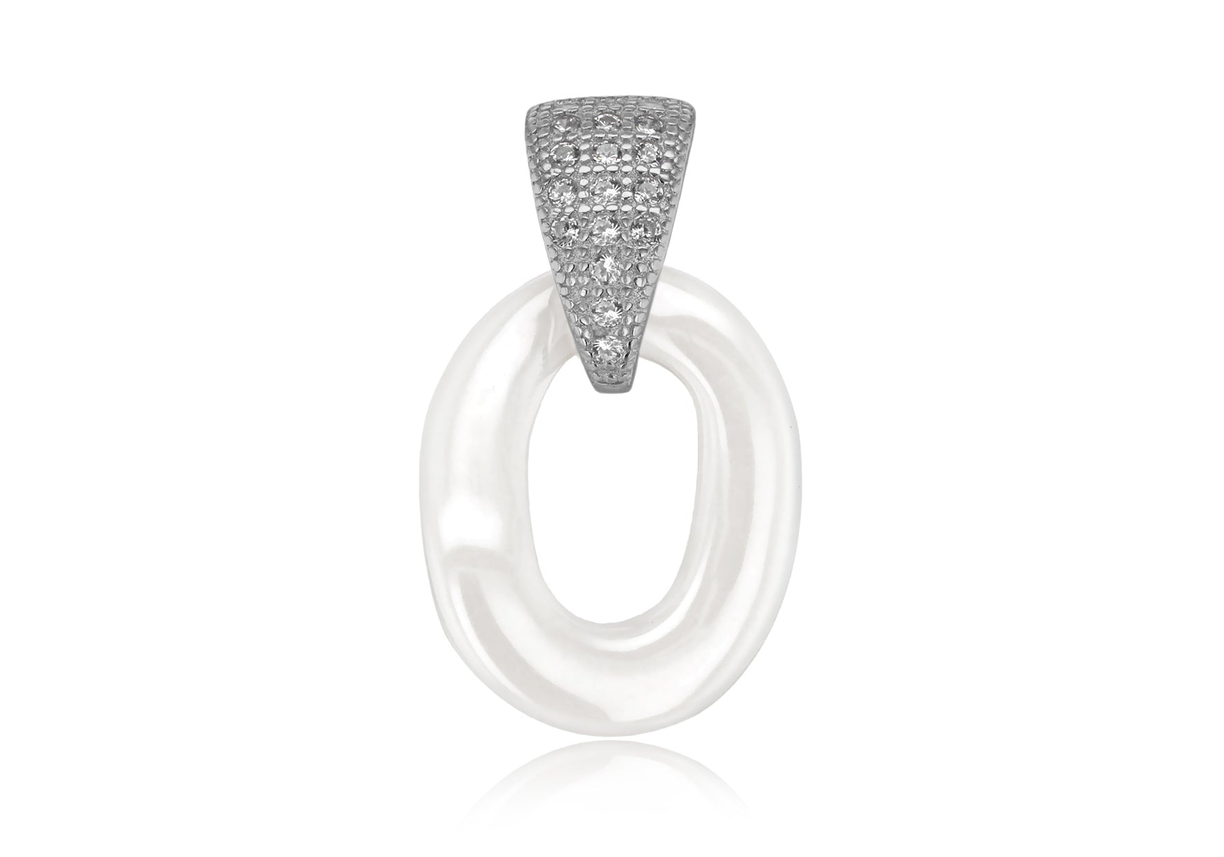 Sterling Silver Rhodium Plated White Ceramic Zirconia  Set Oval Pendant