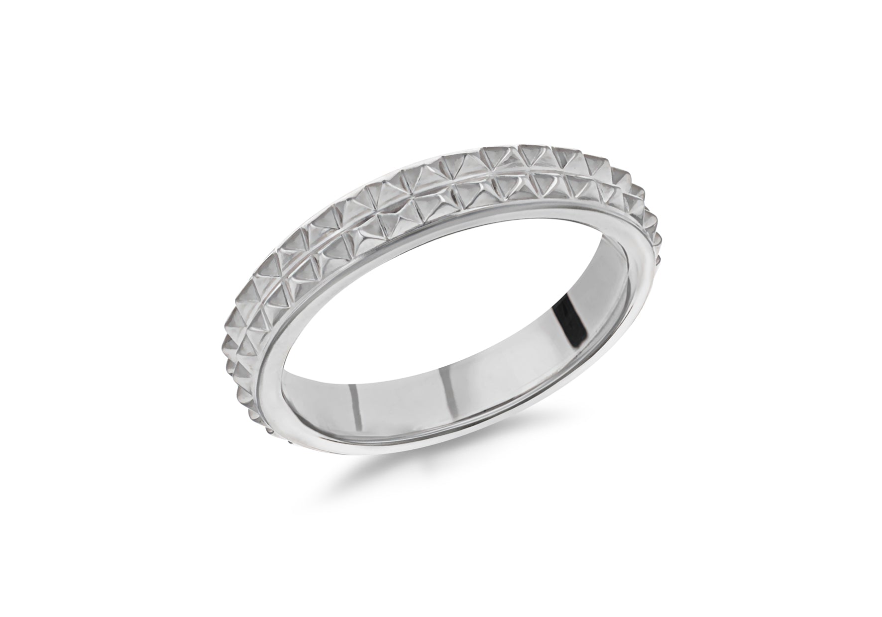Sterling Silver Rhodium Plated 4mm Double-Row-Pyramid Band Stacking Ring