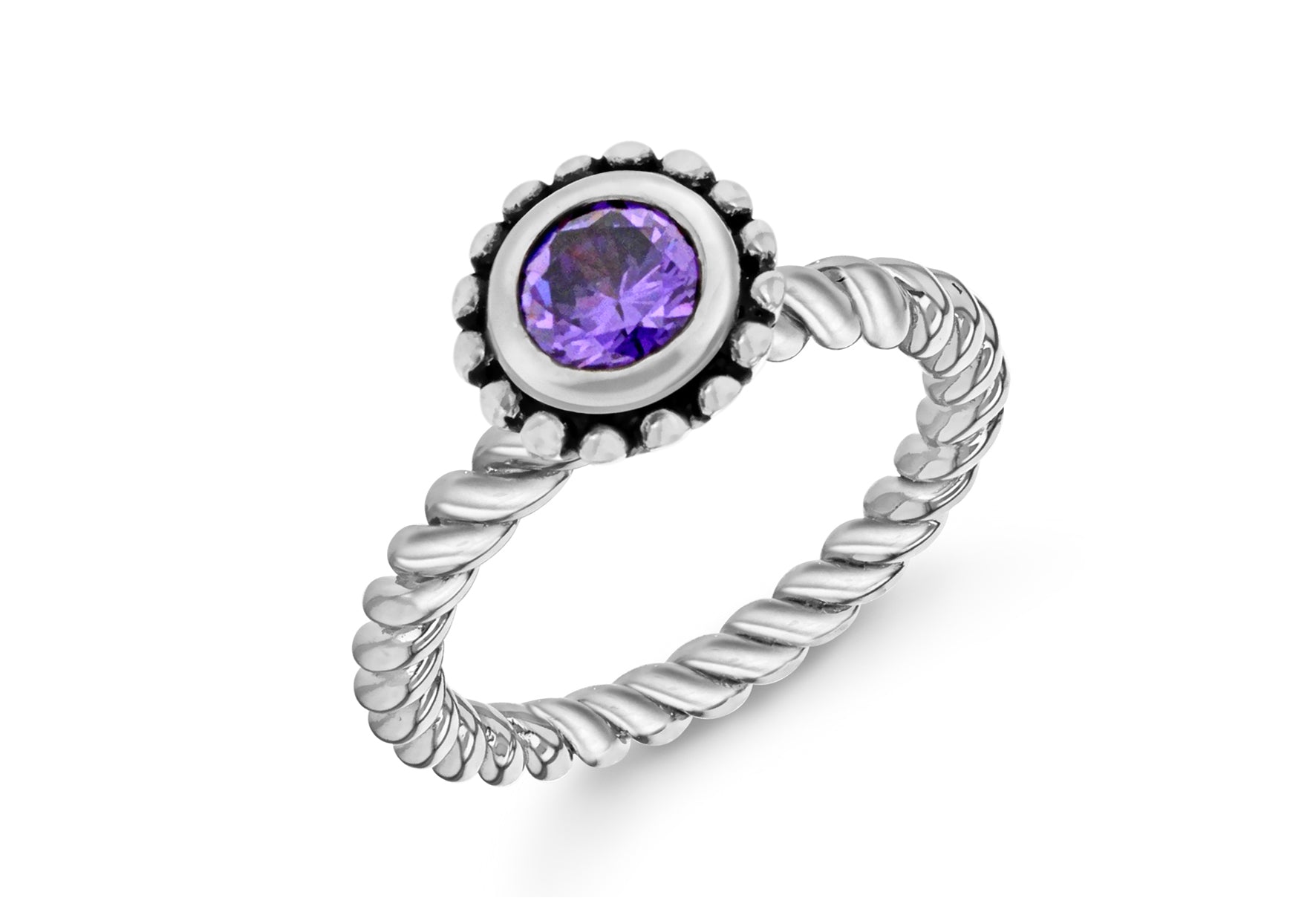 Sterling Silver Rhodium Plated Round Purple Zirconia Stacking Ring