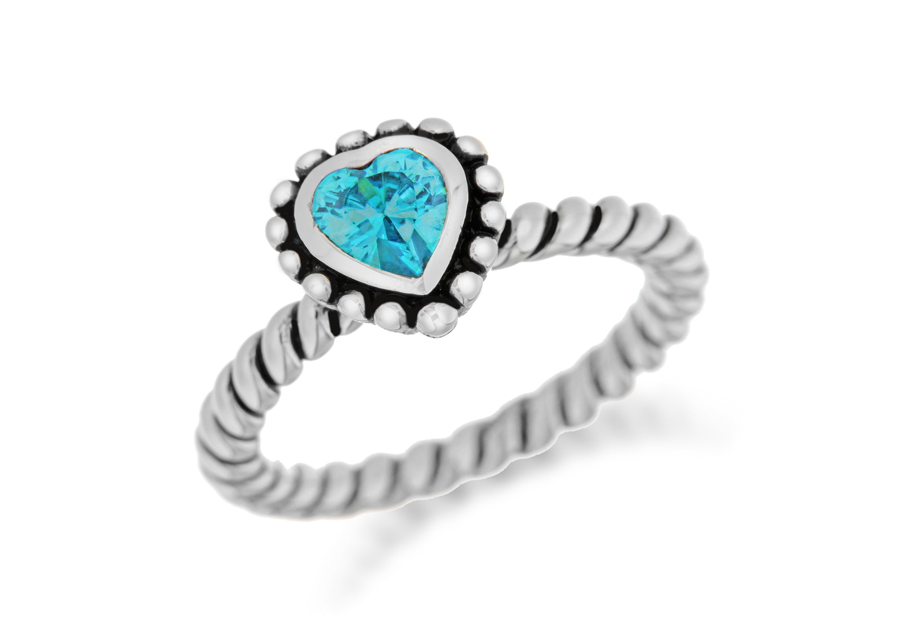 Sterling Silver Rhodium Plated Blue Zirconia Heart Stacking Ring