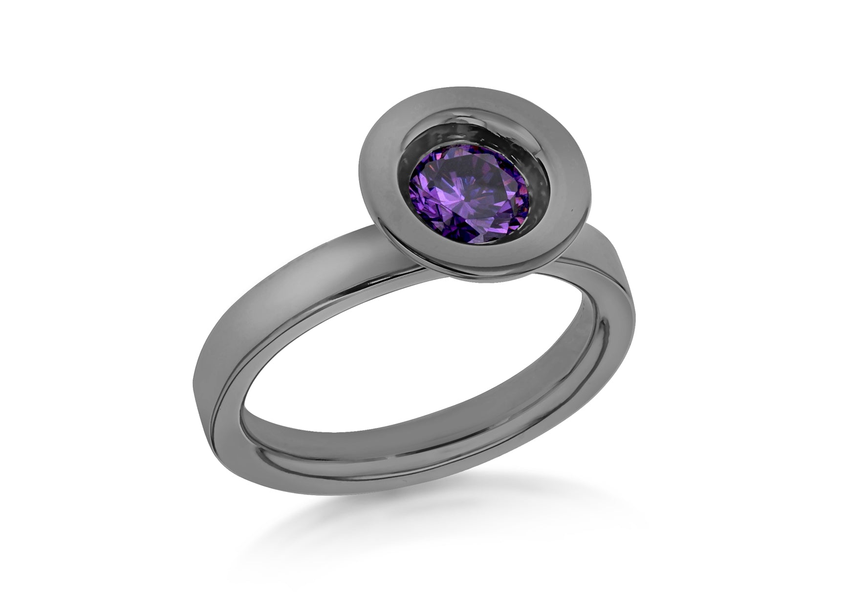 Sterling Silver Black Rhodium Plated Round Purple Zirconia Stacking Ring