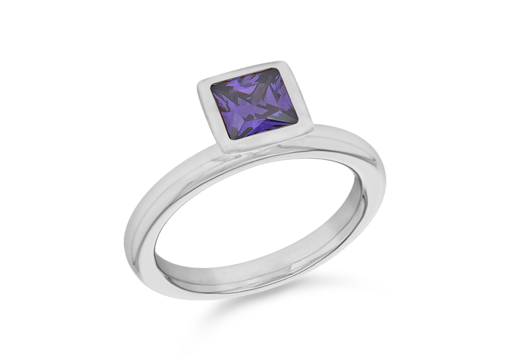 Sterling Silver Rhodium Plated Square Purple Zirconia Stacking Ring