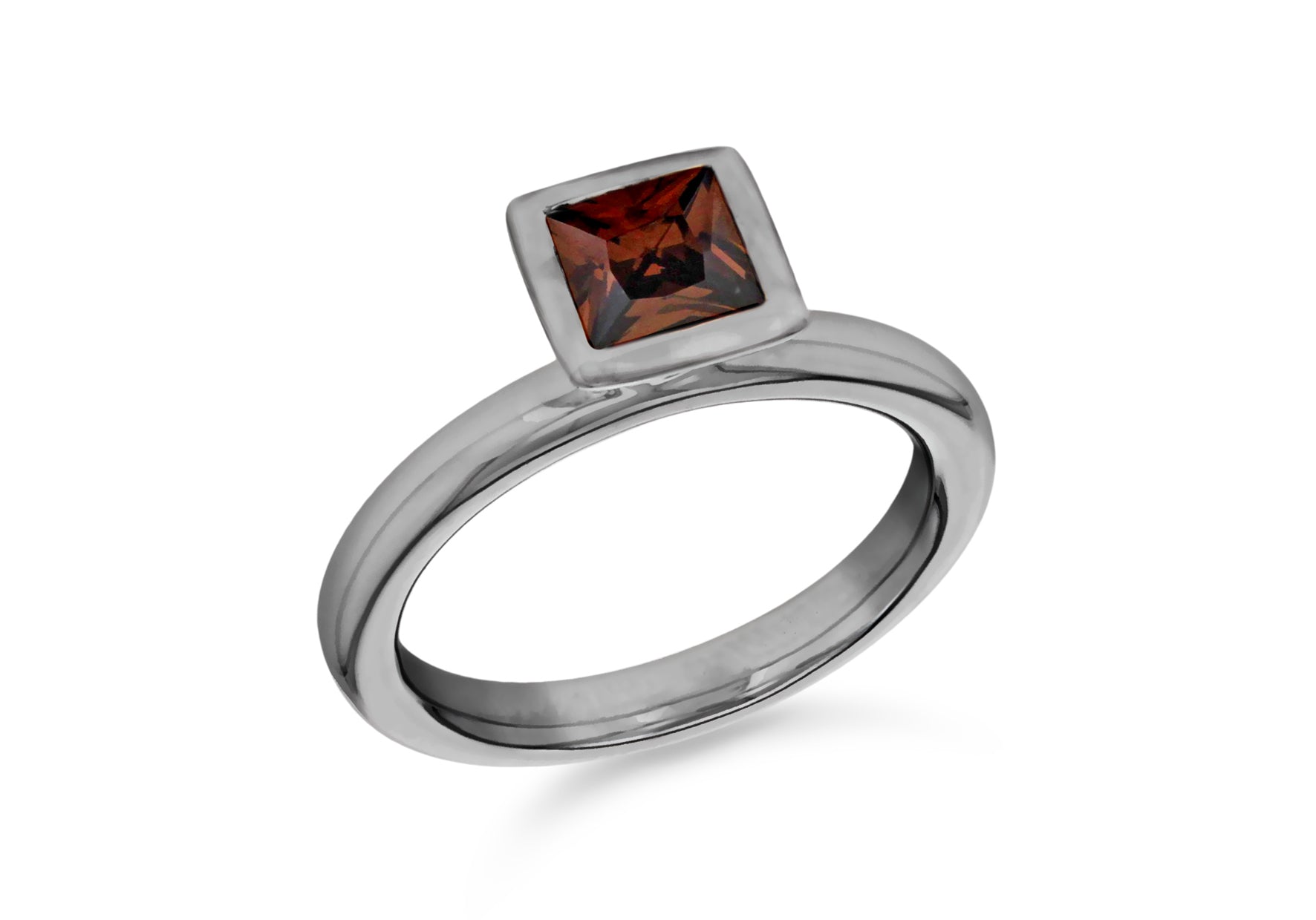 Sterling Silver Black Rhodium Plated Square Brown Zirconia Stacking Ring
