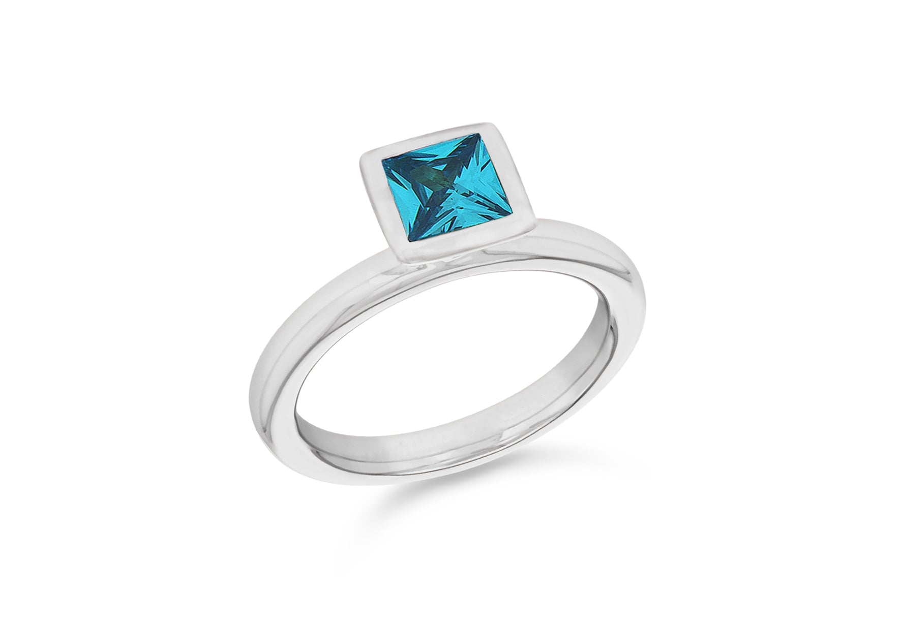 Sterling Silver Rhodium Plated Square Blue Zirconia Stacking Ring