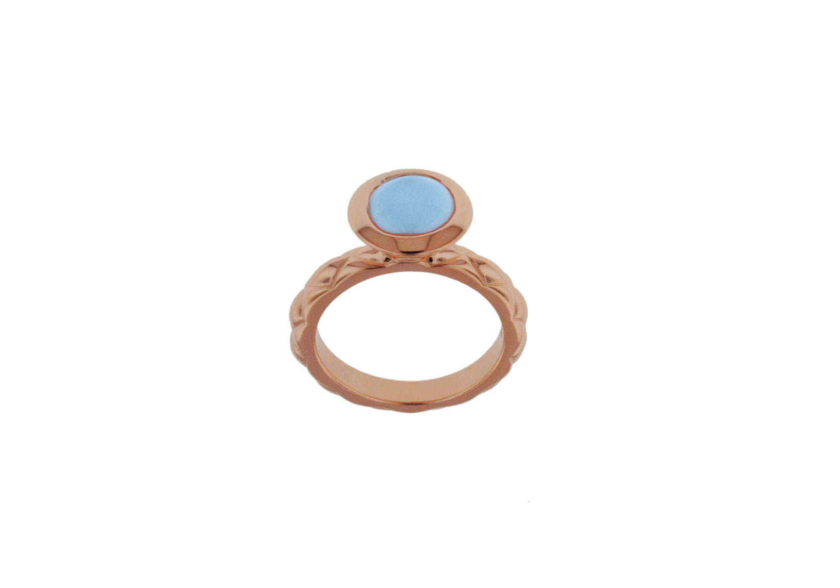 Sterling Silver Rose Gold Plated Round Blue Opaque Crystal Patterned Stacking Ring
