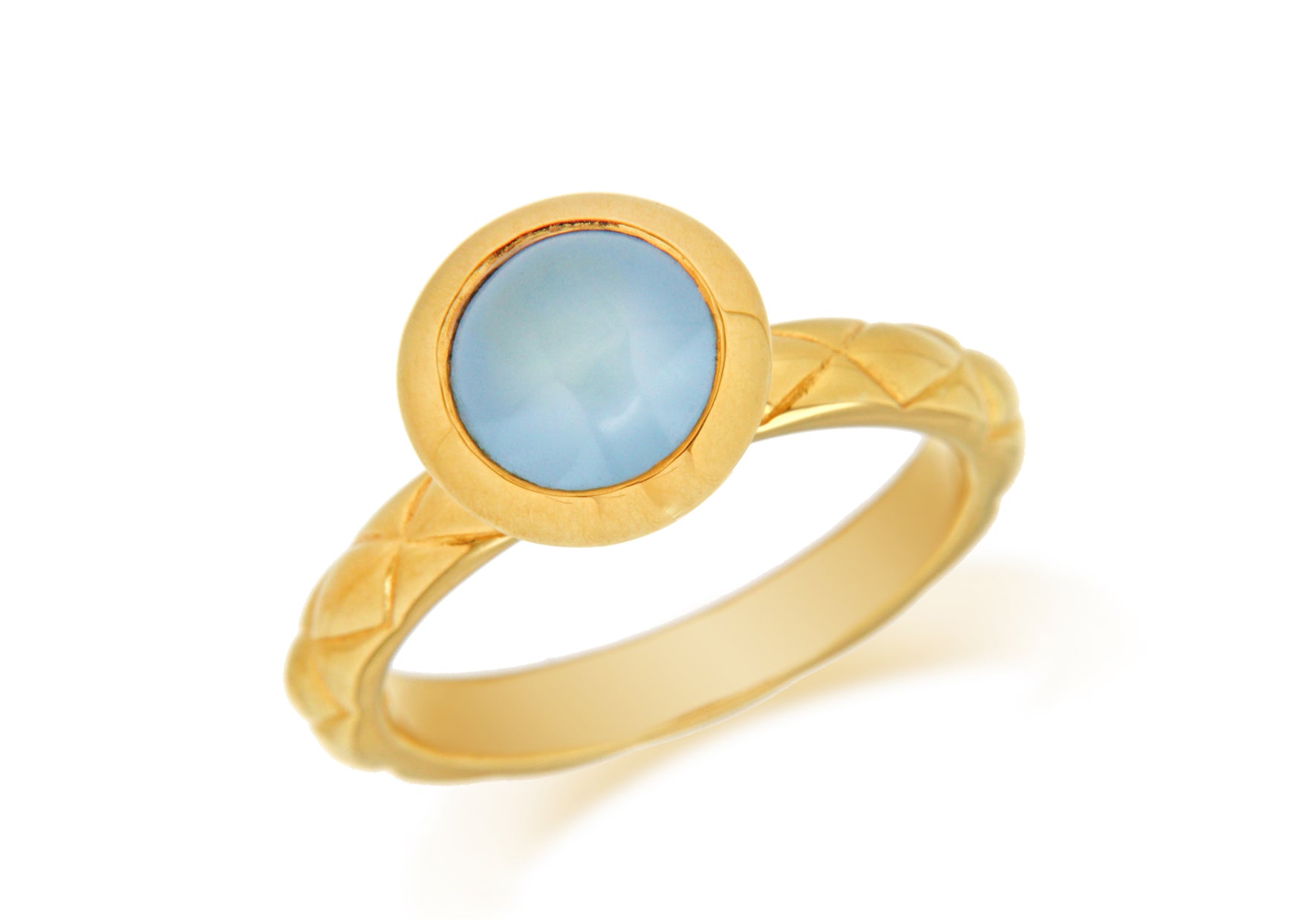 Sterling Silver Yellow Gold Plated Round Blue Opaque Crystal Patterned Stacking Ring
