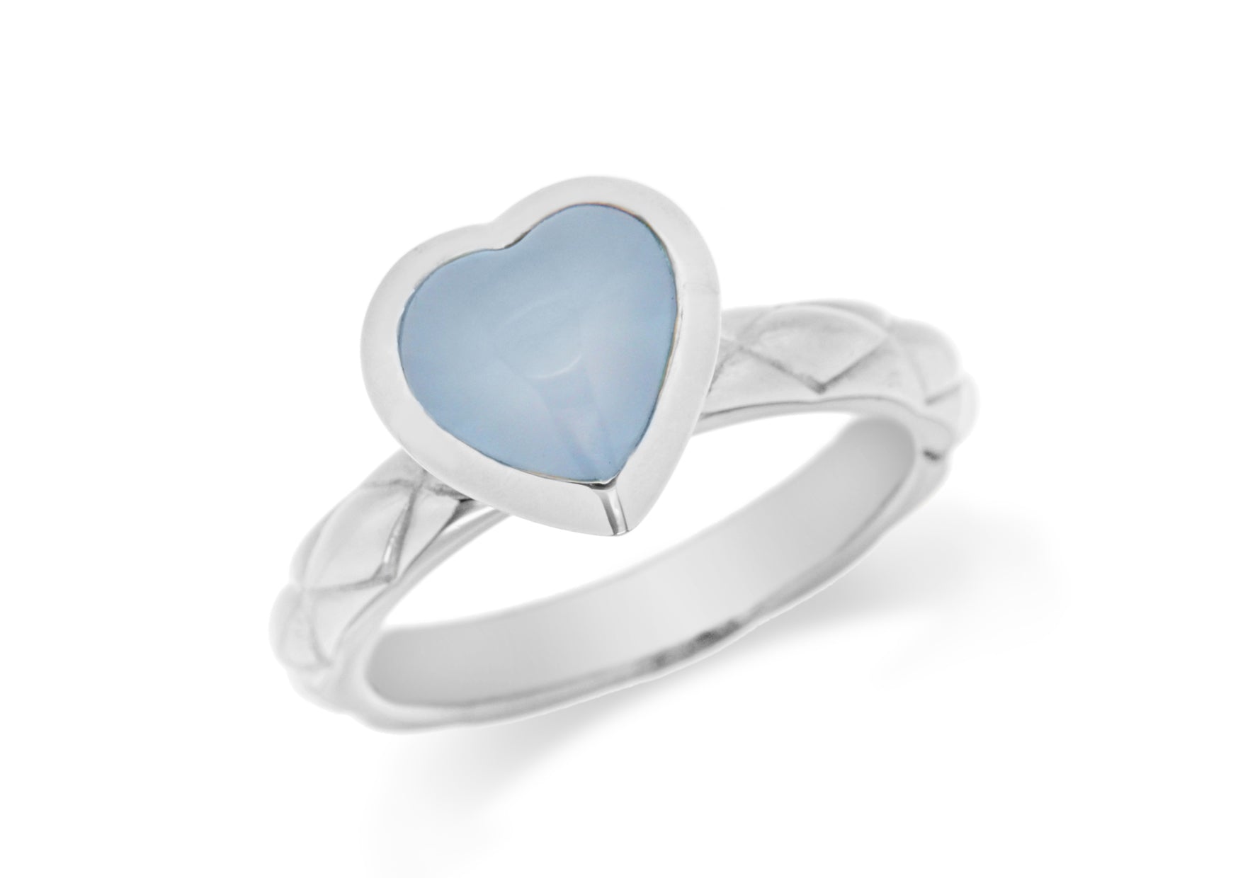 Sterling Silver Rhodium Plated Blue Opaque Crystal Heart Patterned Stacking Ring