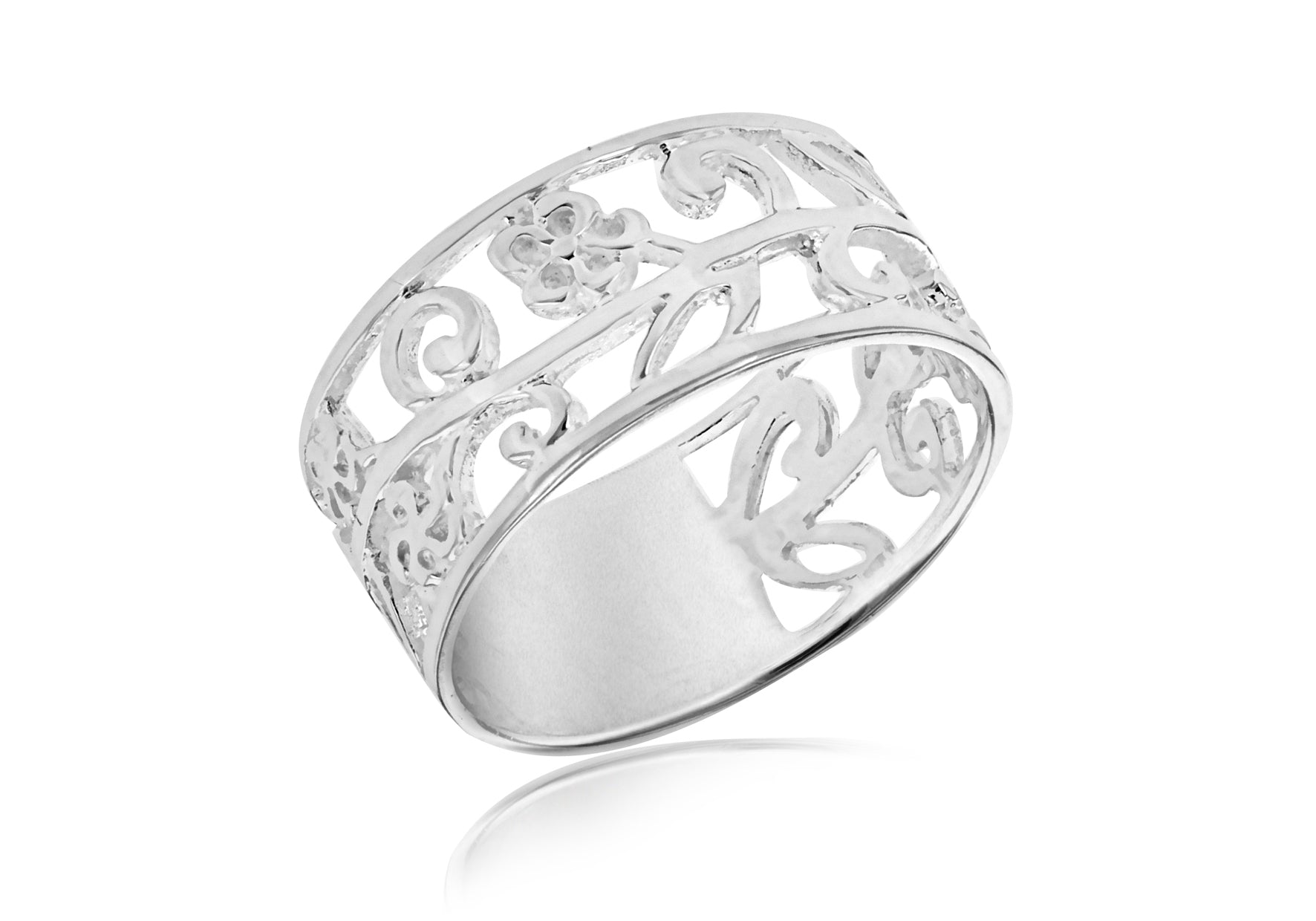Sterling Silver Flower & Leaf Band Ring