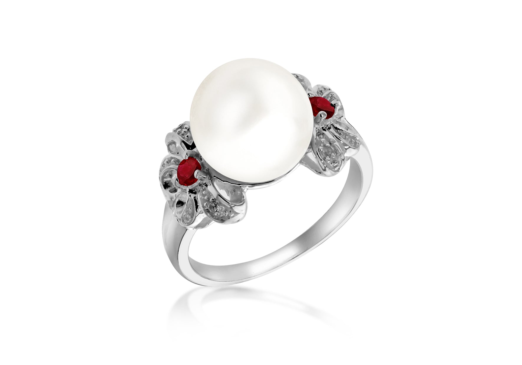 Sterling Silver White & Red Zirconia Set Pearl Bow Ring