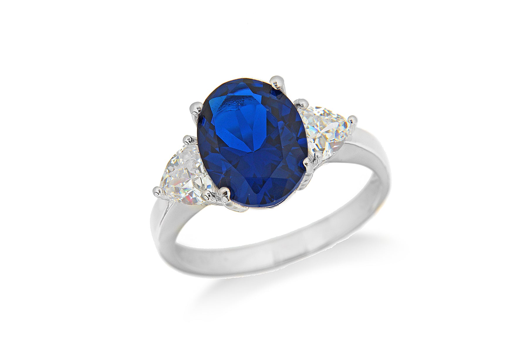 Sterling Silver Rhodium Plated Blue and White Zirconia Oval Ring