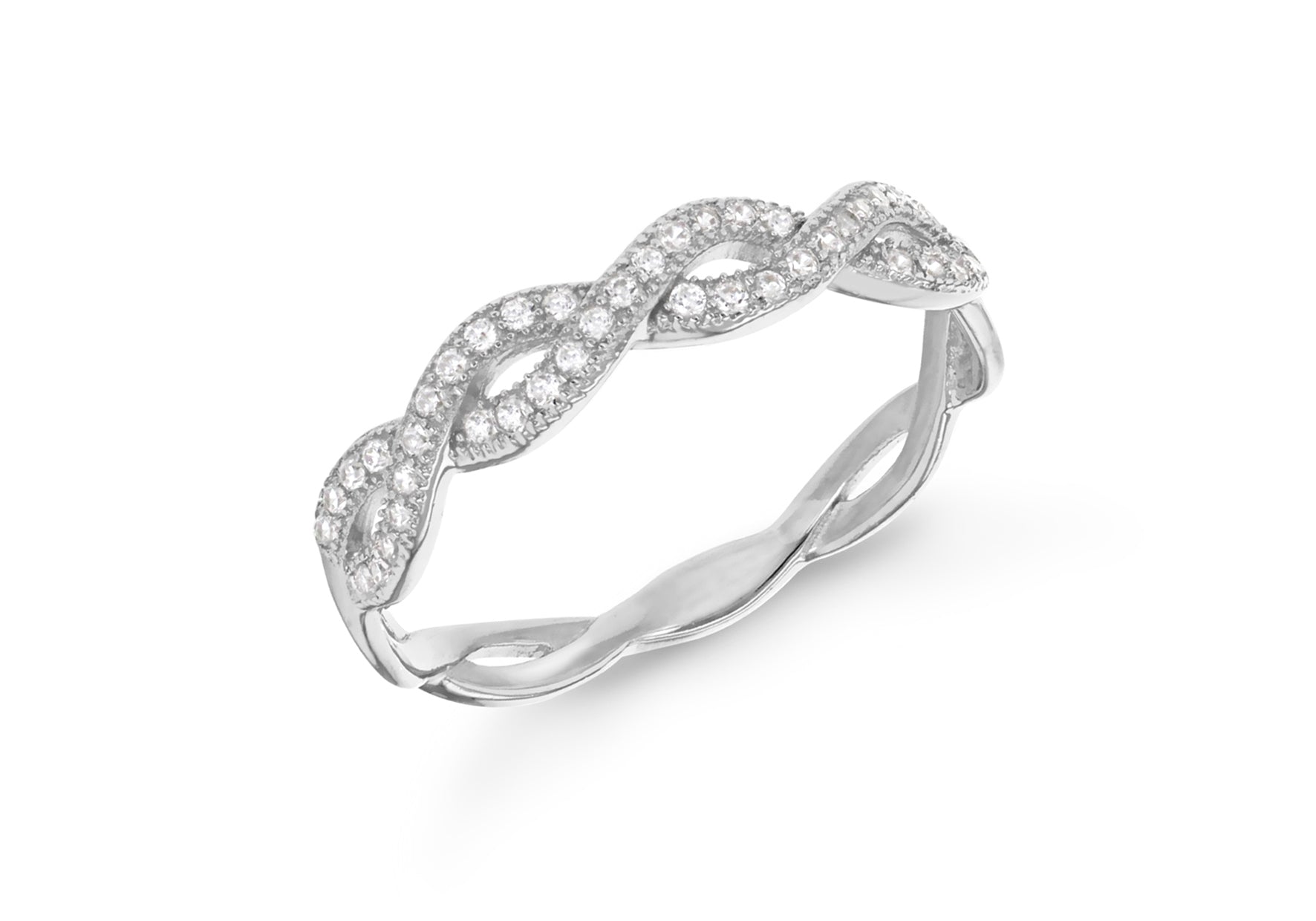 Sterling Silver Rhodium Plated Zirconia Twined Band Ring