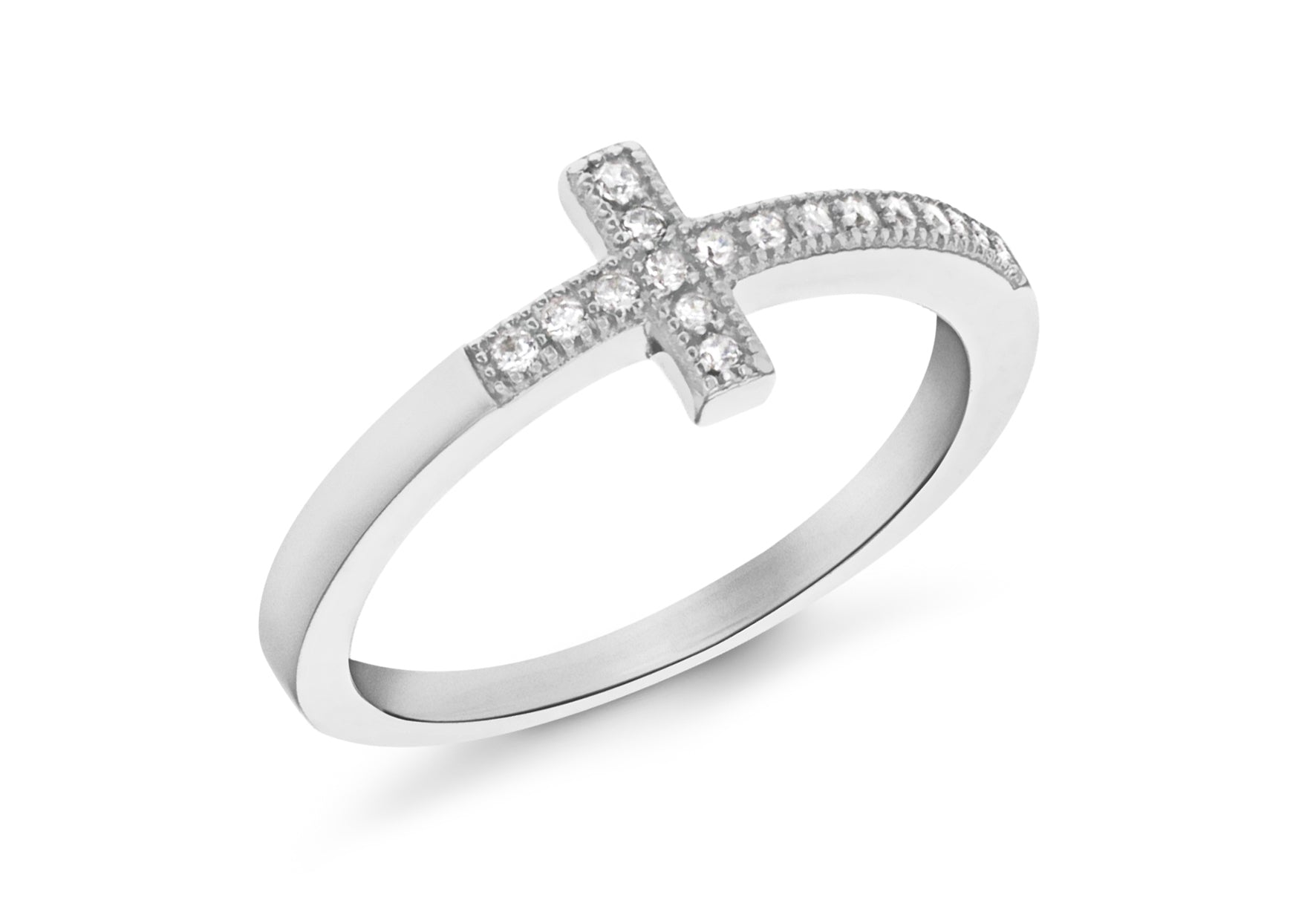 Sterling Silver Rhodium Plated Zirconia Cross Ring
