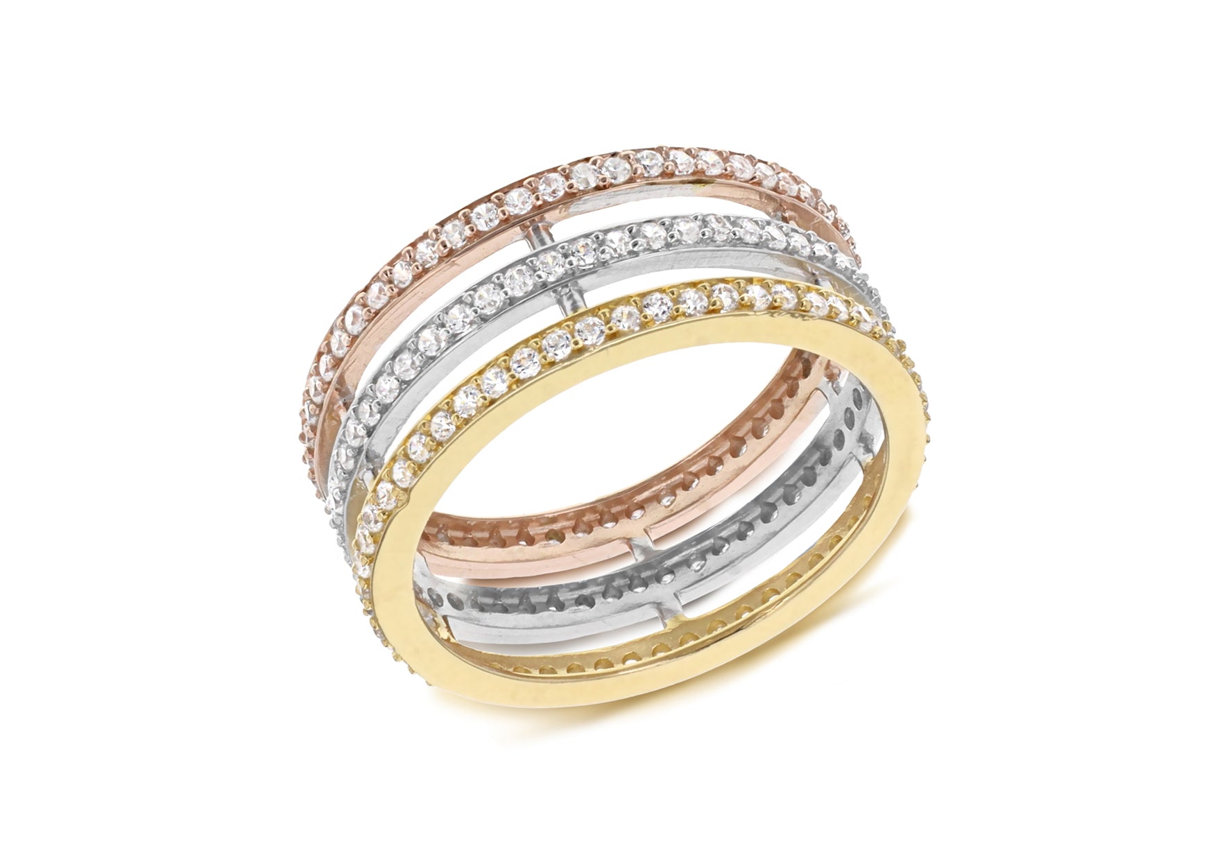 Sterling Silver Zirconia 3-Tone Triple Band Ring