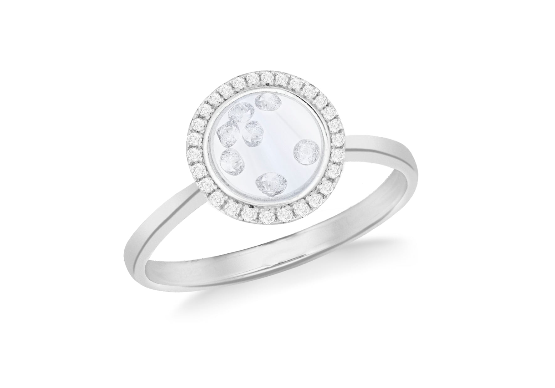Sterling Silver Rhodium Plated Floating Zirconia Stones Round Ring